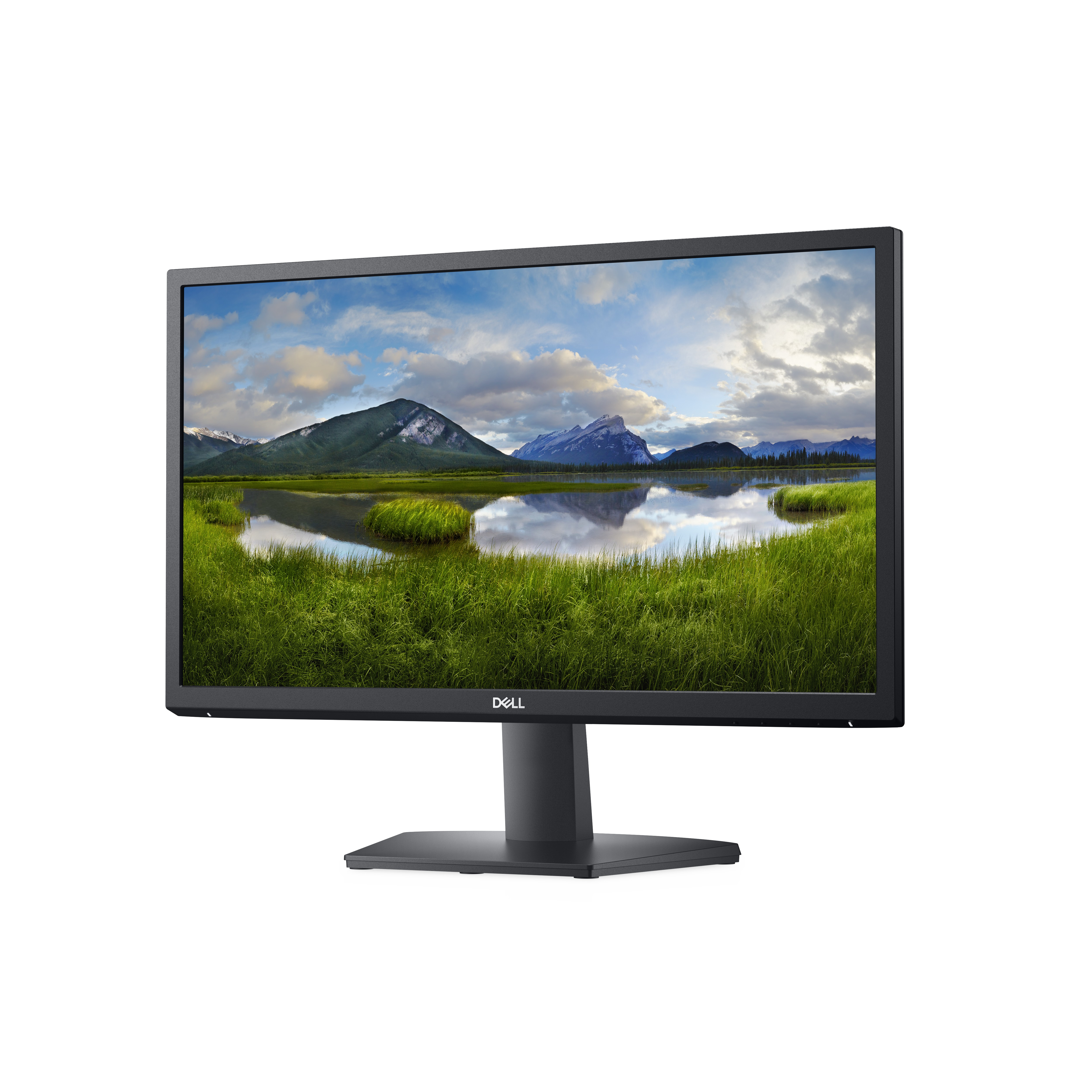 Ein Computermonitor zeigt eine Landschaft mit See, Bergen und Himmel.