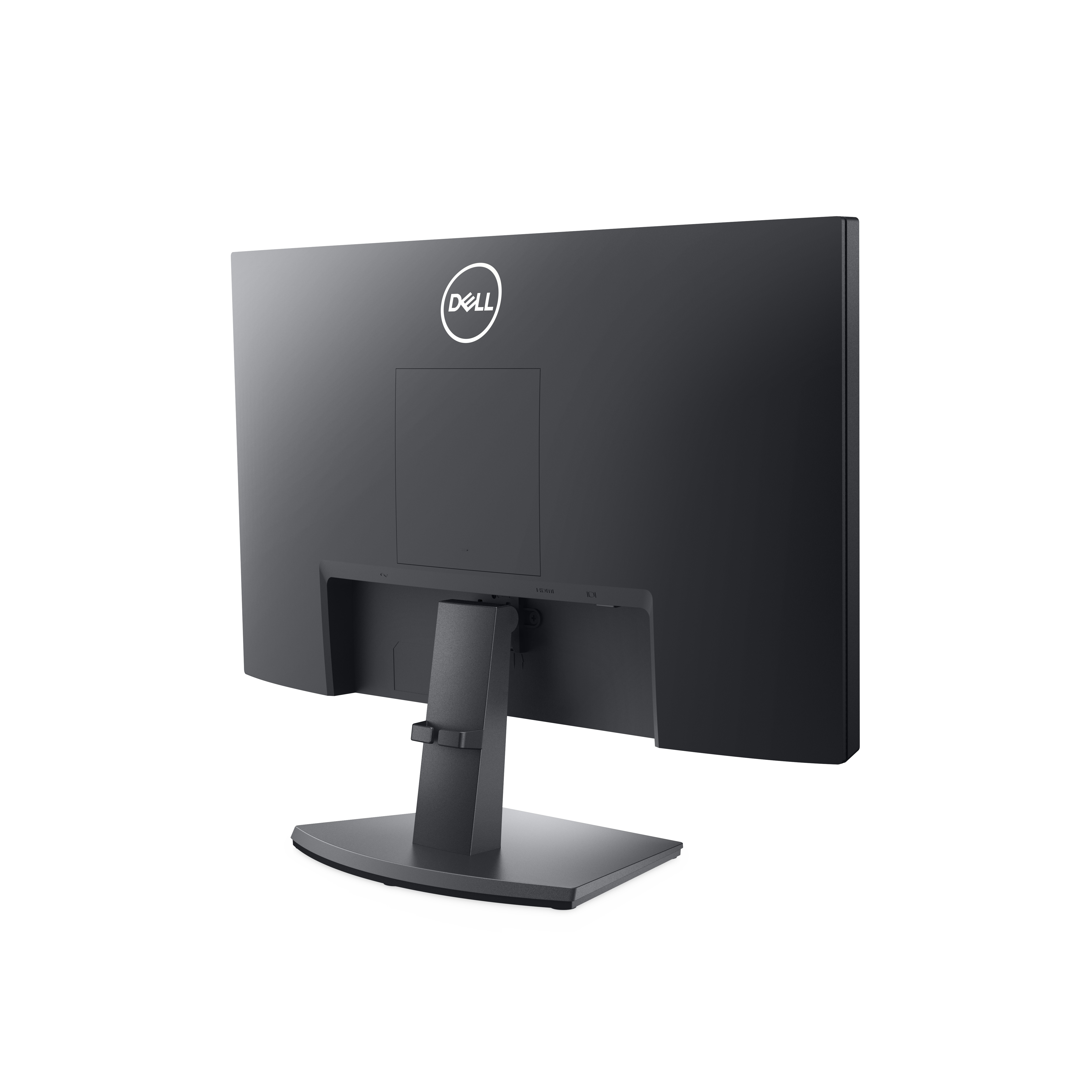 Rückansicht eines schwarzen Computermonitors mit Dell-Logo und Ständer.