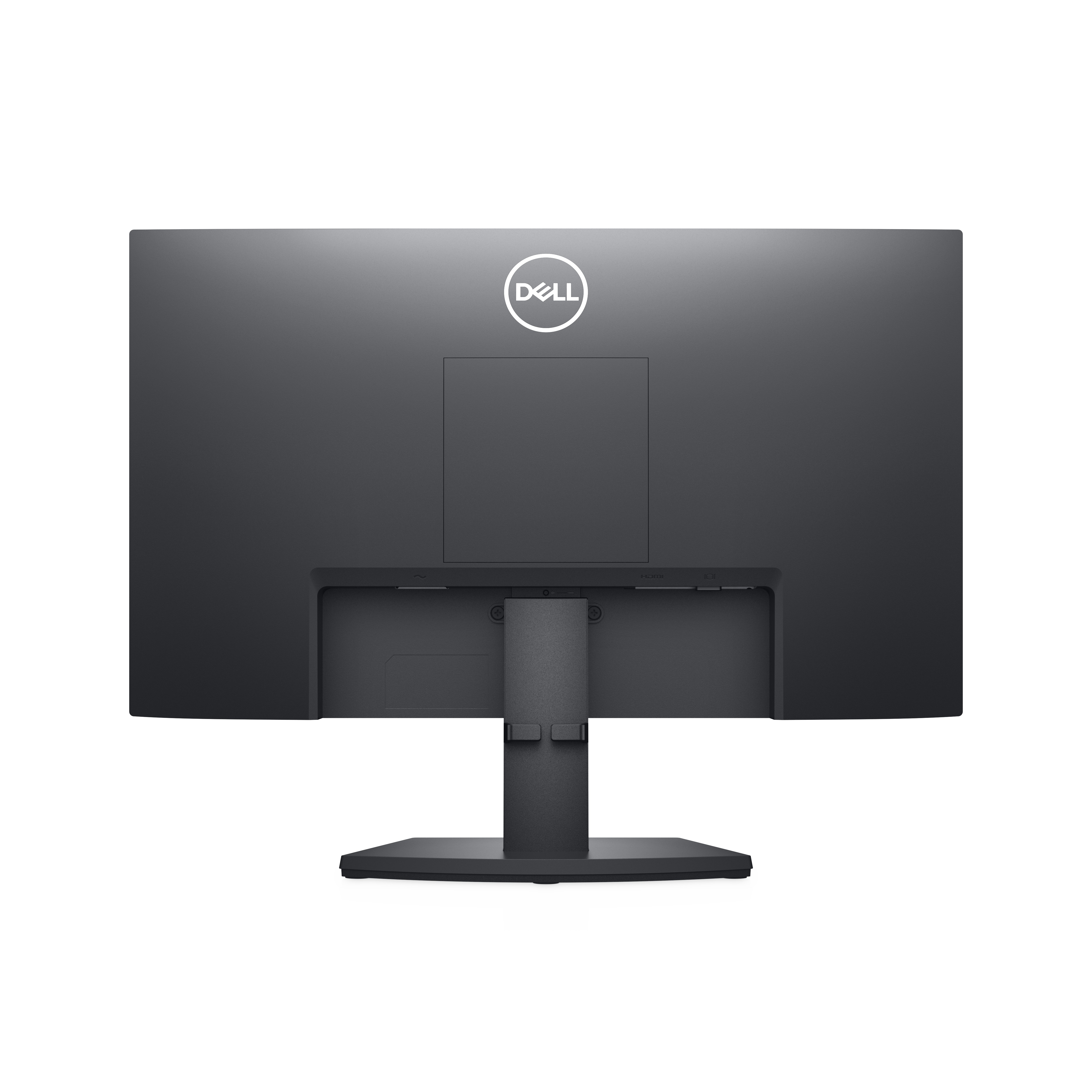 Rückseite eines schwarzen Computermonitors mit Ständer und DELL-Logo.