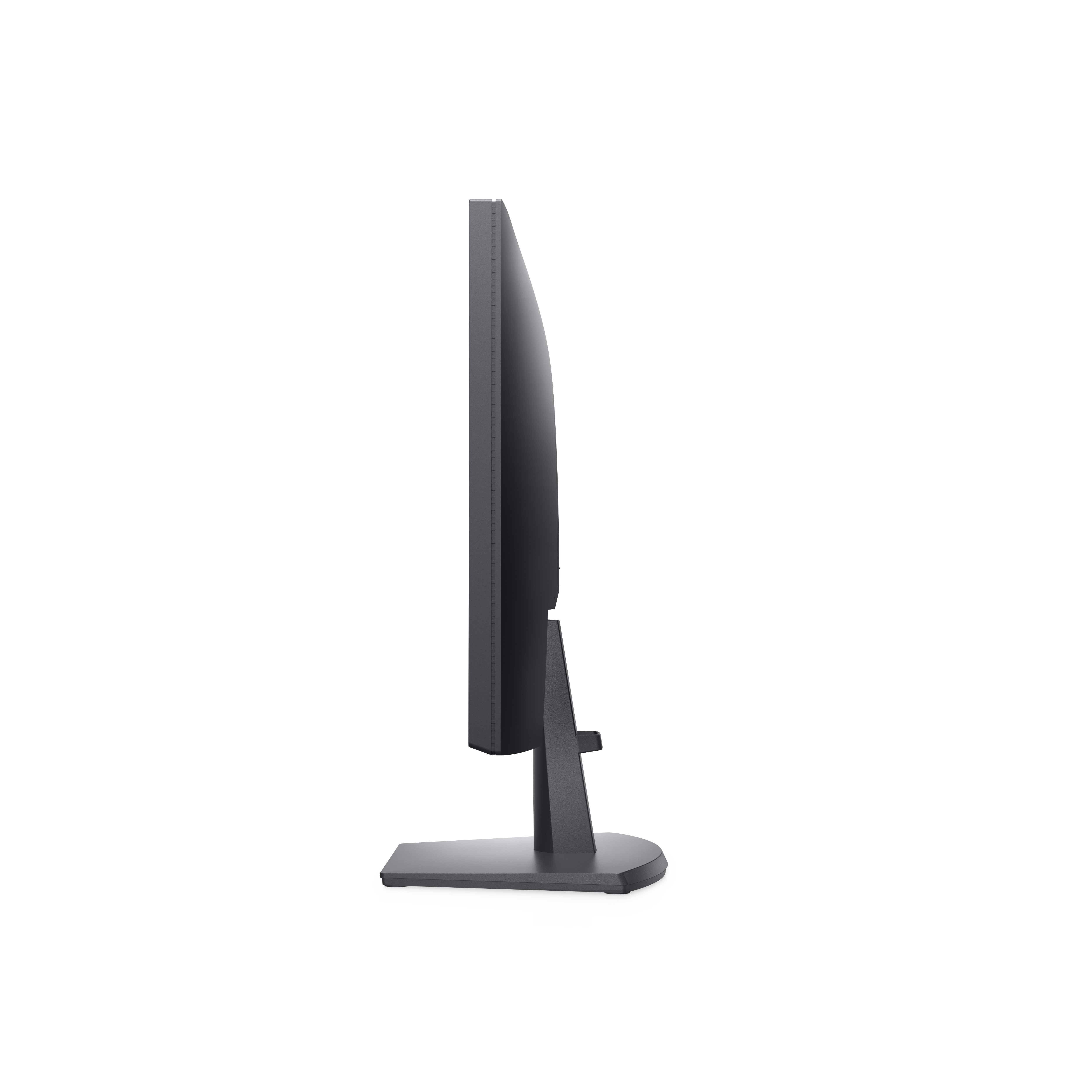 Schwarzer Computermonitor auf weißem Hintergrund, Seitenansicht. Hat einen Ständer und eine Basis.