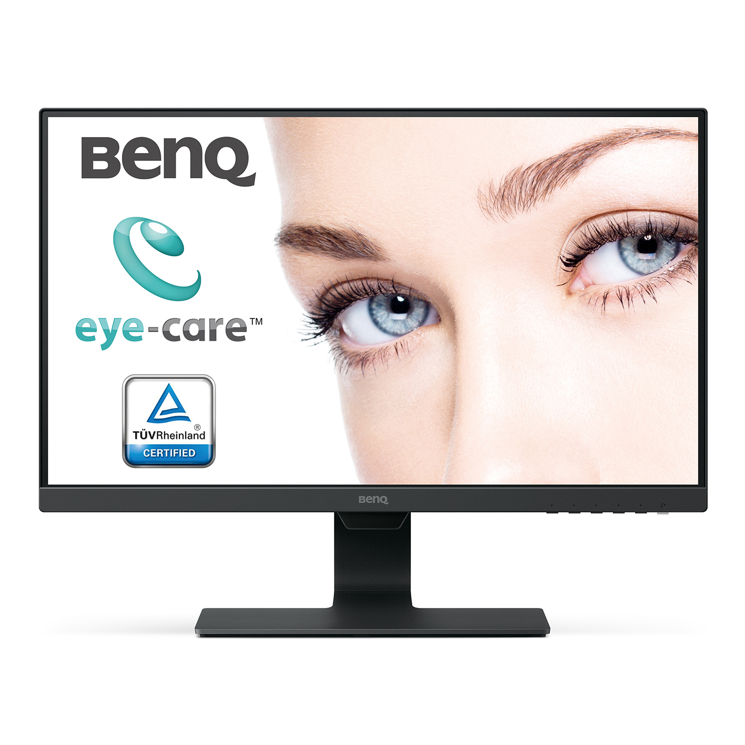 Ein BenQ-Monitor zeigt die Augen einer Frau. Der Bildschirm zeigt BenQ-, Eye-Care- und TUV Rheinland Certified-Logos.