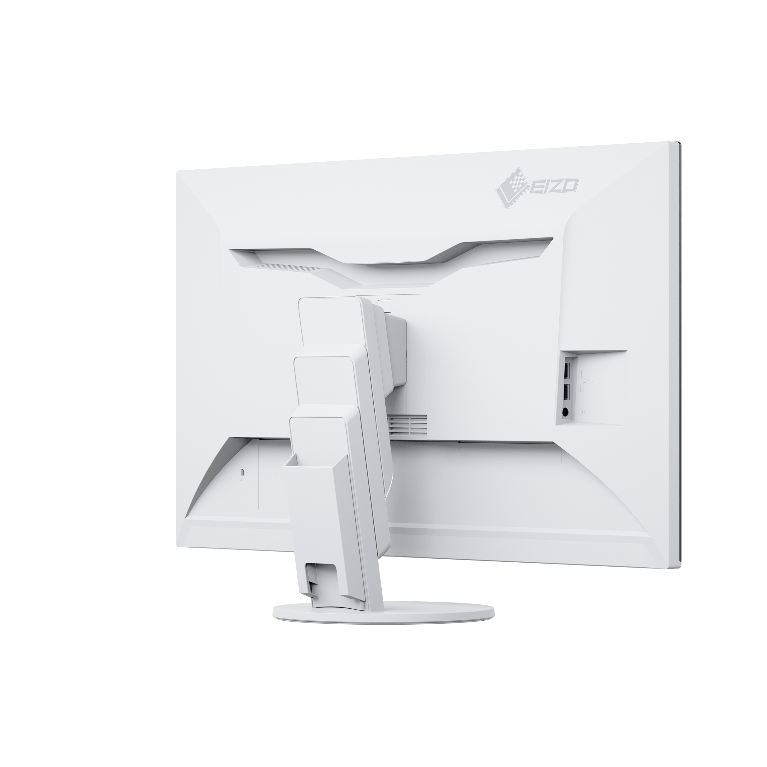 Retro di un monitor per computer bianco. Presenta un supporto e più porte. Il logo EIZO è visibile.