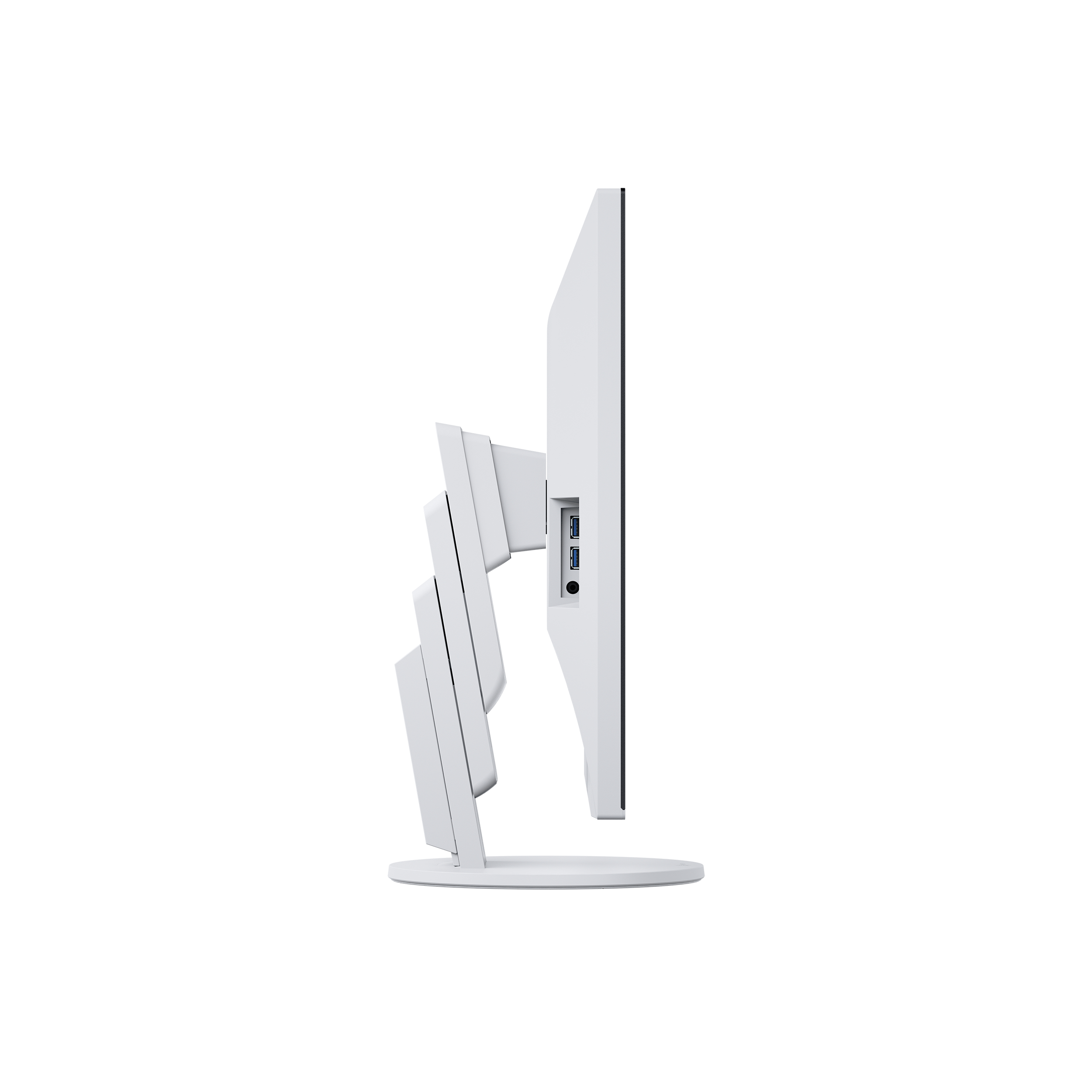 Vista laterale di un monitor bianco. Ha porte USB e un supporto bianco unico.