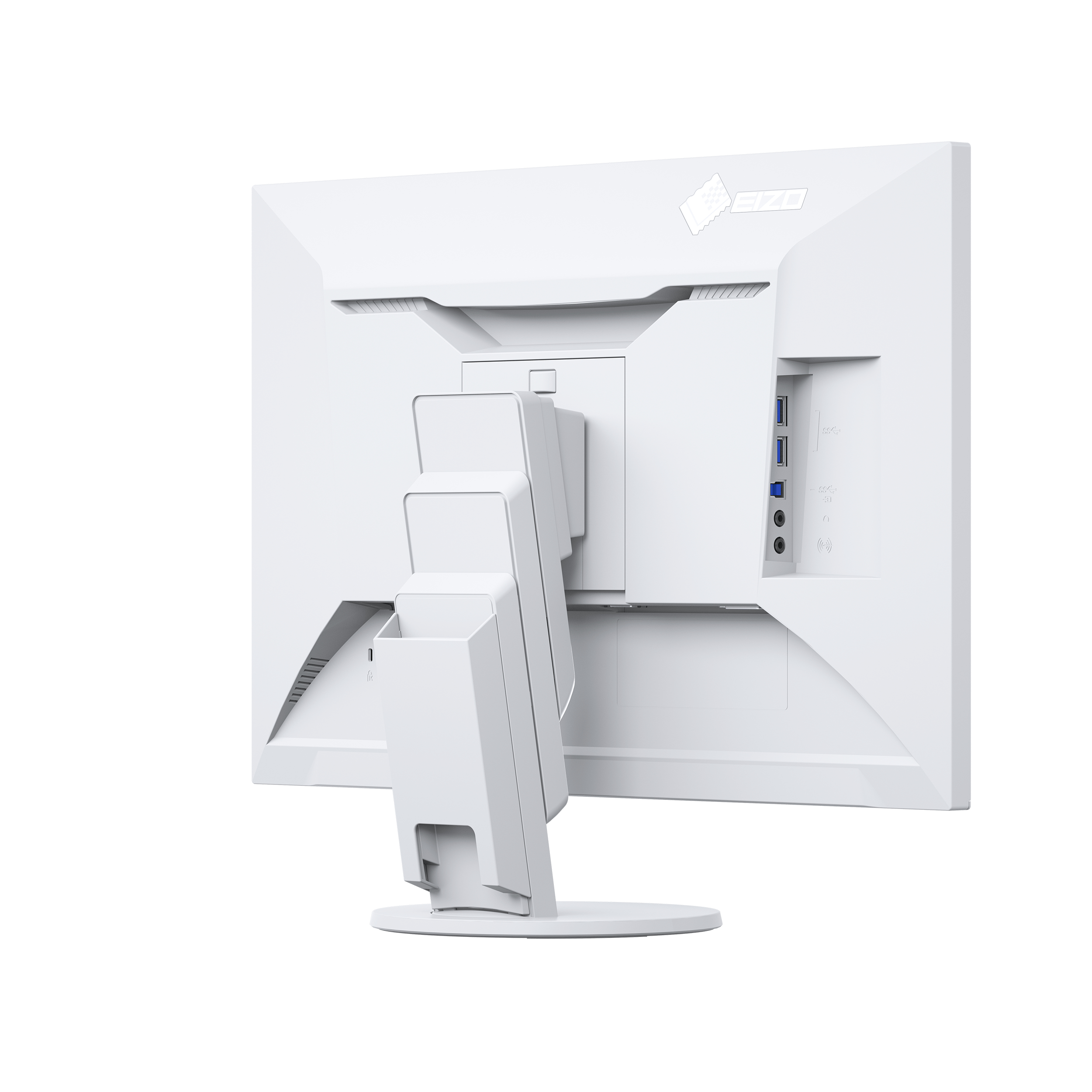 Rückansicht eines weißen Computermonitors mit Anschlüssen und einem Ständer.