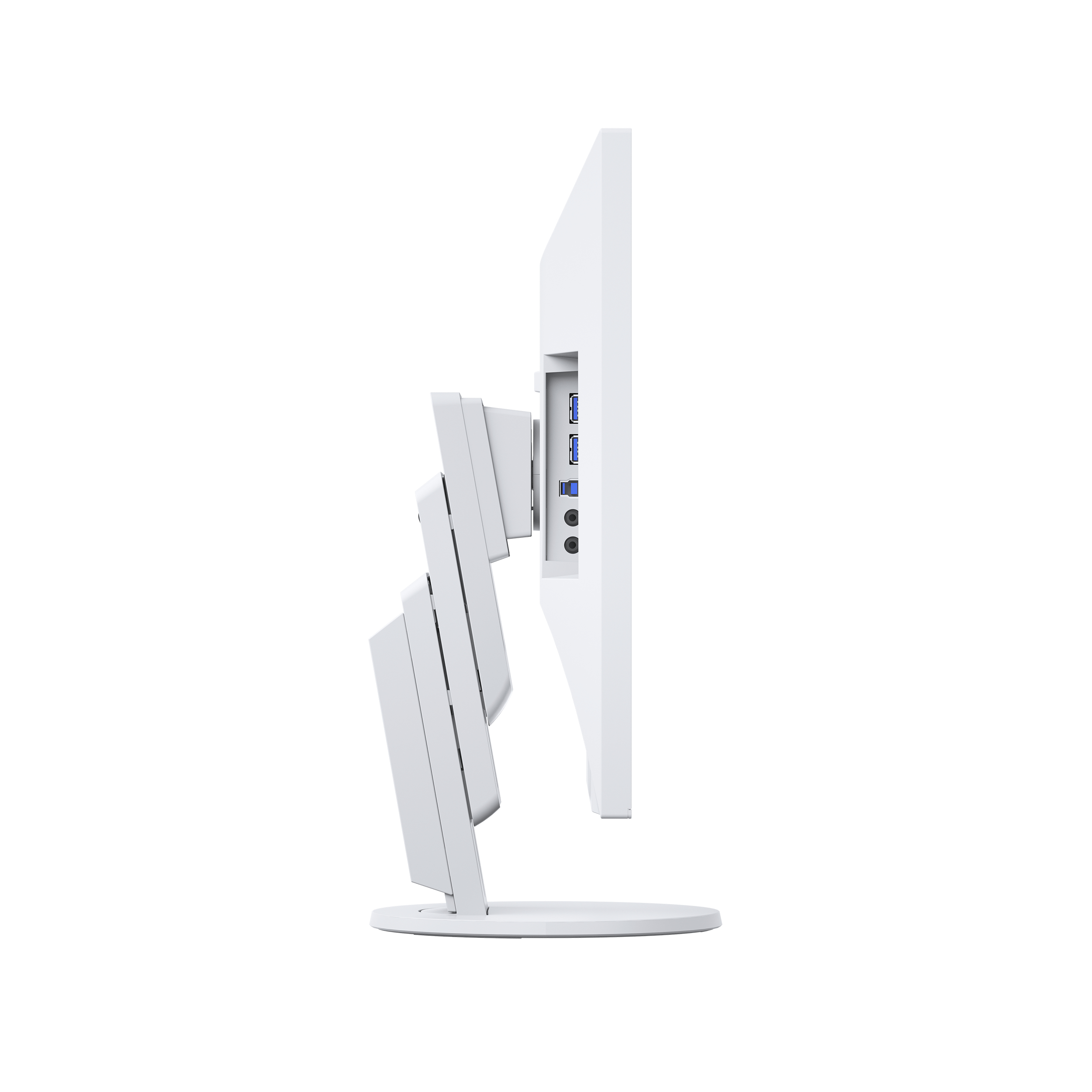 Weißer Computermonitor, Seitenansicht, auf weißem Hintergrund. Er hat einen gebogenen Ständer.