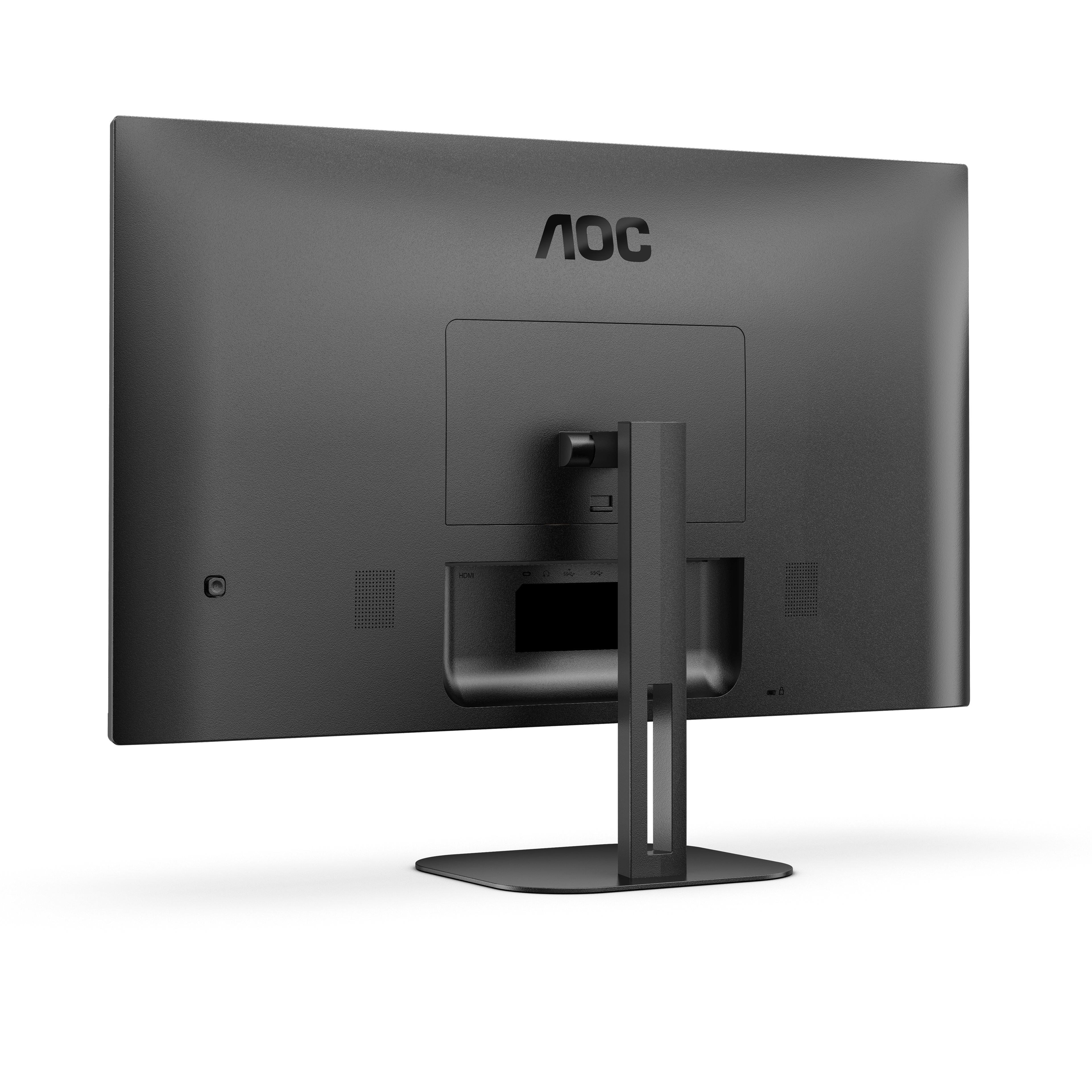 Tył czarnego monitora z logo AOC. Monitor ma podstawkę.