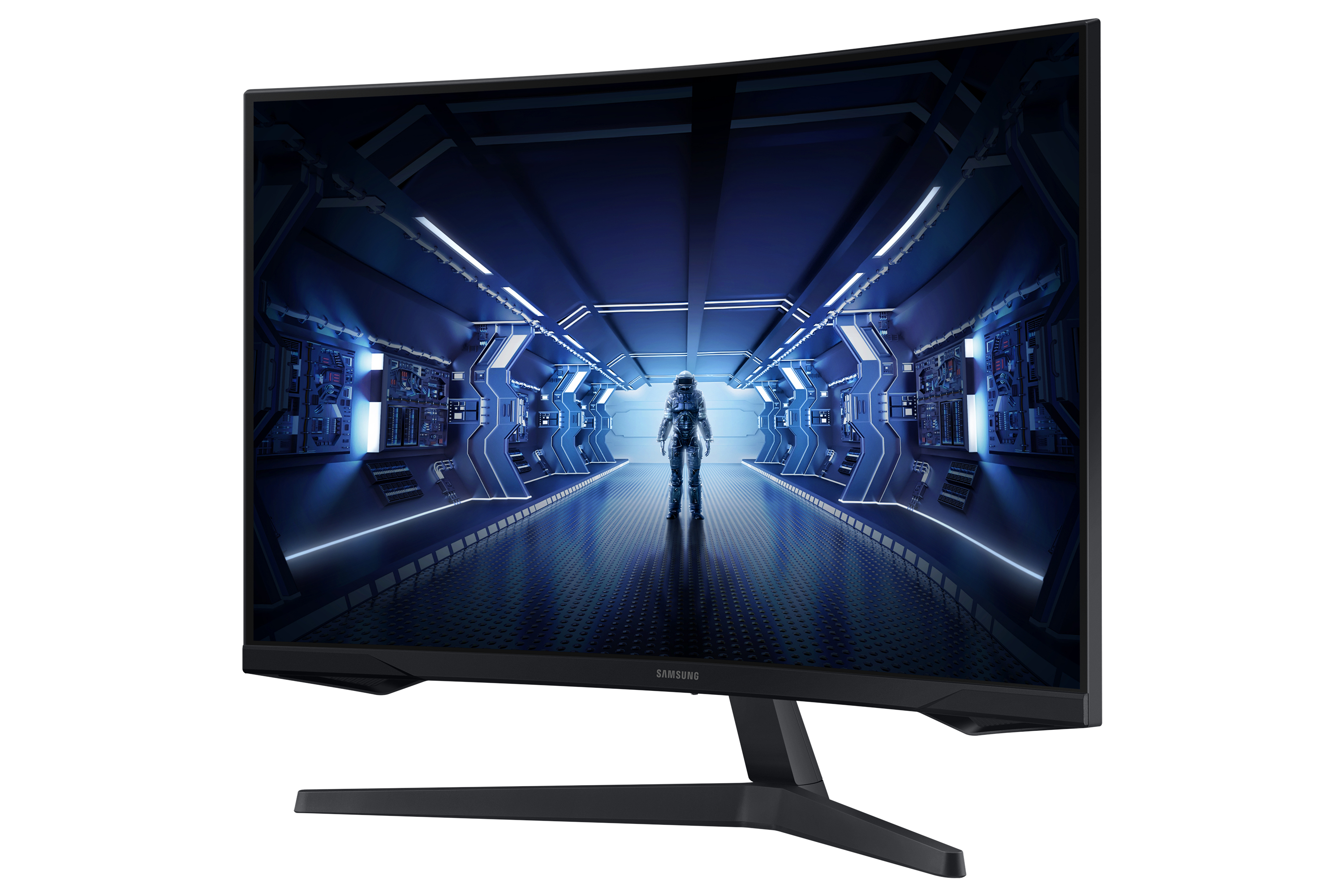 Monitor per computer curvo con grafica di astronauta.