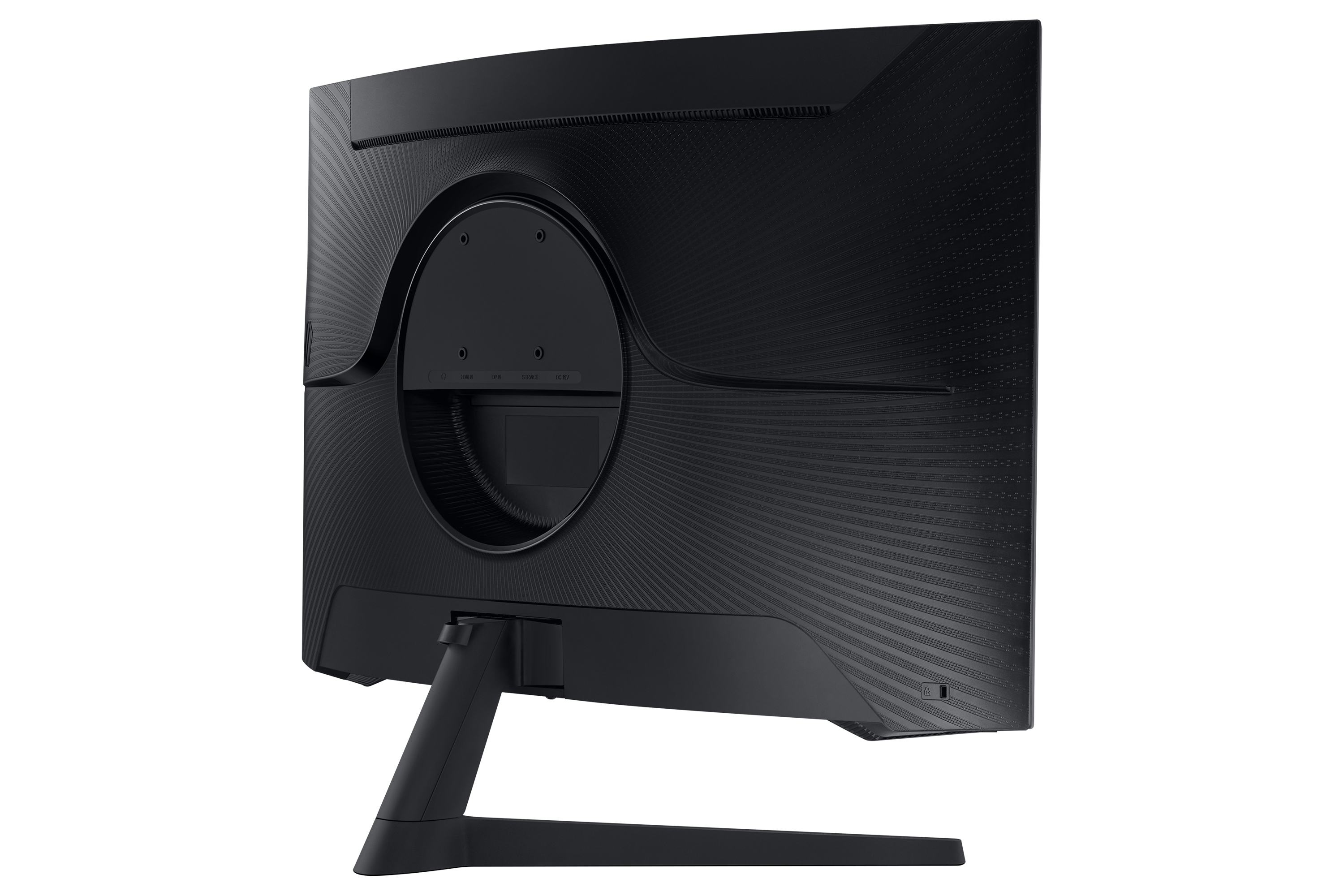 Retro di un monitor nero curvo.