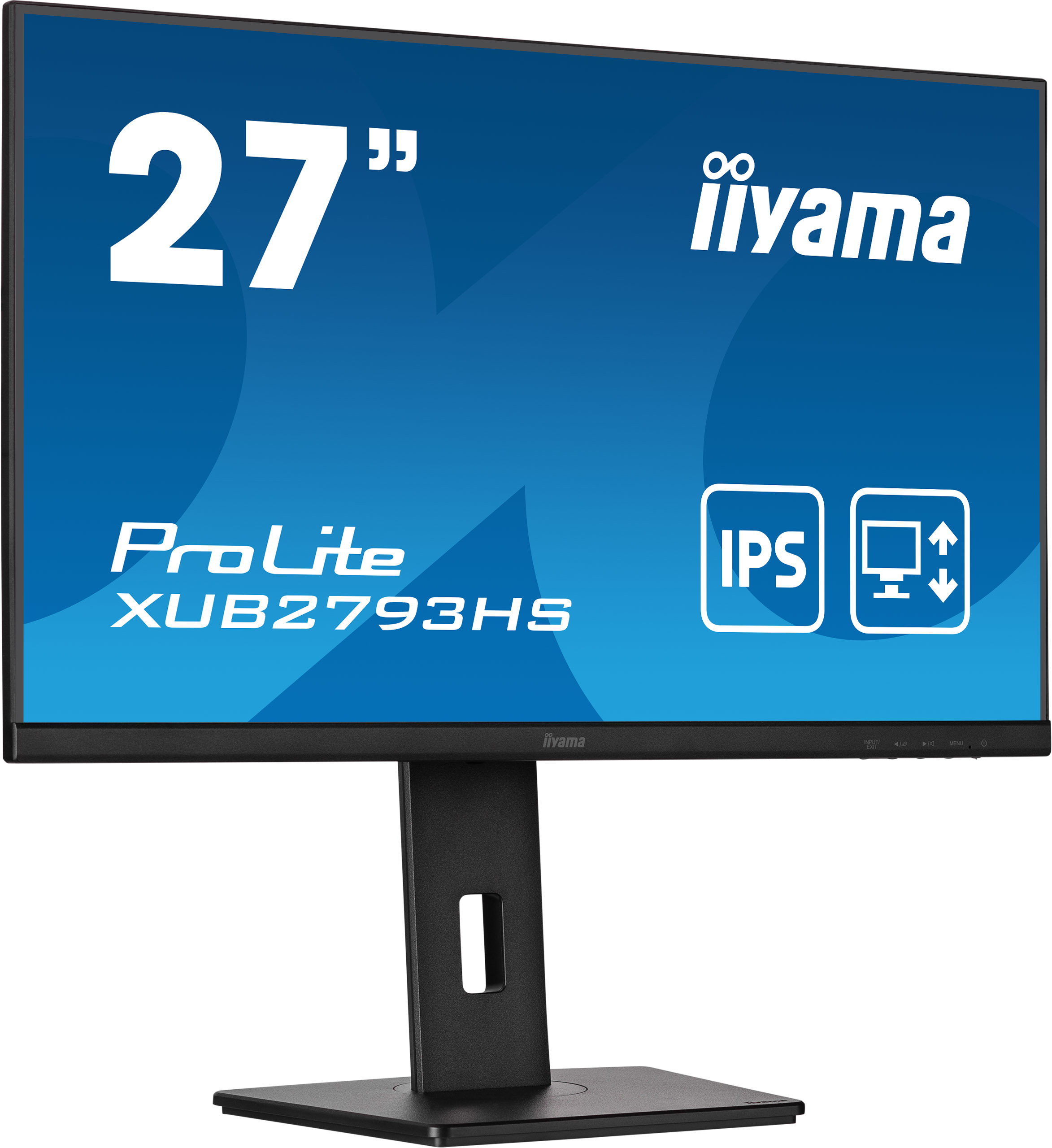 Monitor iiyama 27", czarny ekran, IPS, na czarnej podstawie, na białym tle.