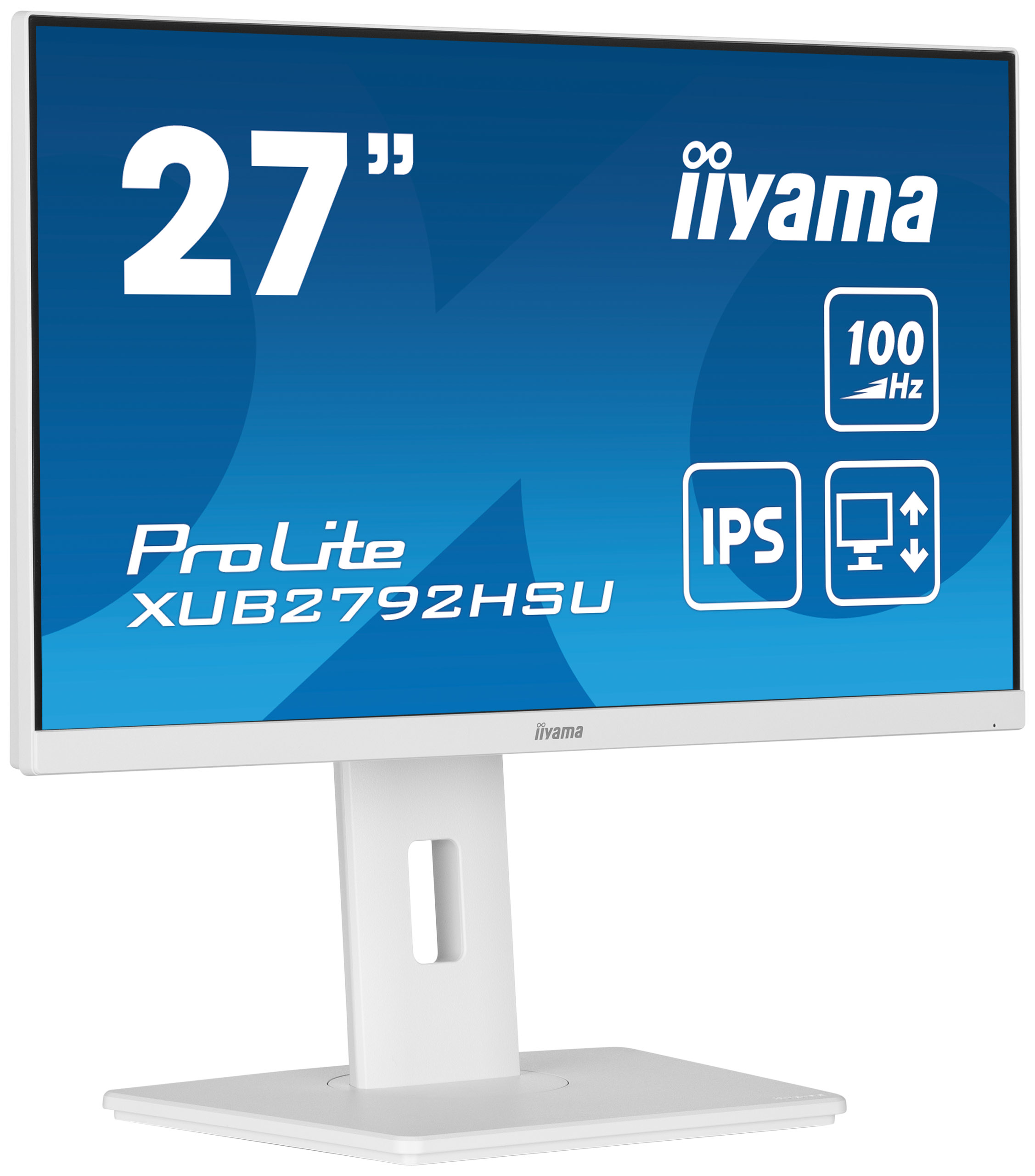Biały 27-calowy monitor iiyama z tekstem i ikonami na ekranie, na podstawie.