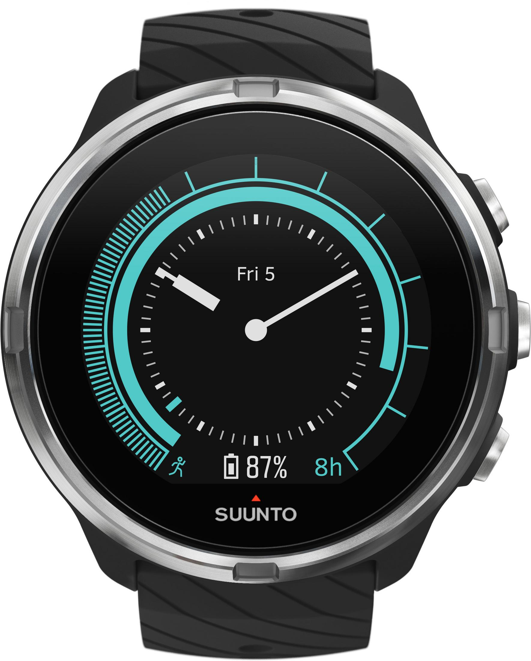 Eine schwarze Suunto-Uhr mit kreisförmigem Bildschirm, der Zeit, Datum, Akkulaufzeit und Aktivitätssymbol anzeigt.