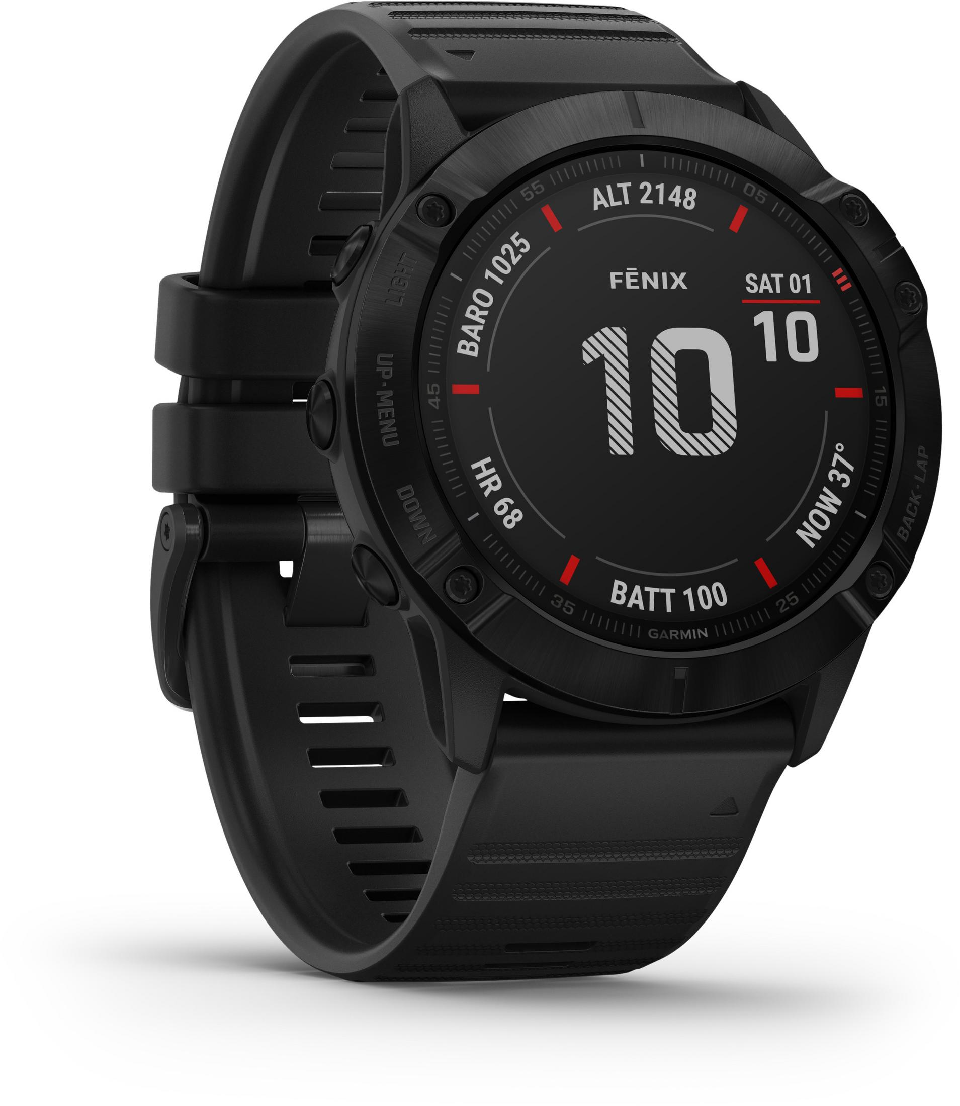 Schwarze Garmin Fenix Uhr mit schwarzem Armband, zeigt Zeit und Gesundheitsdaten.