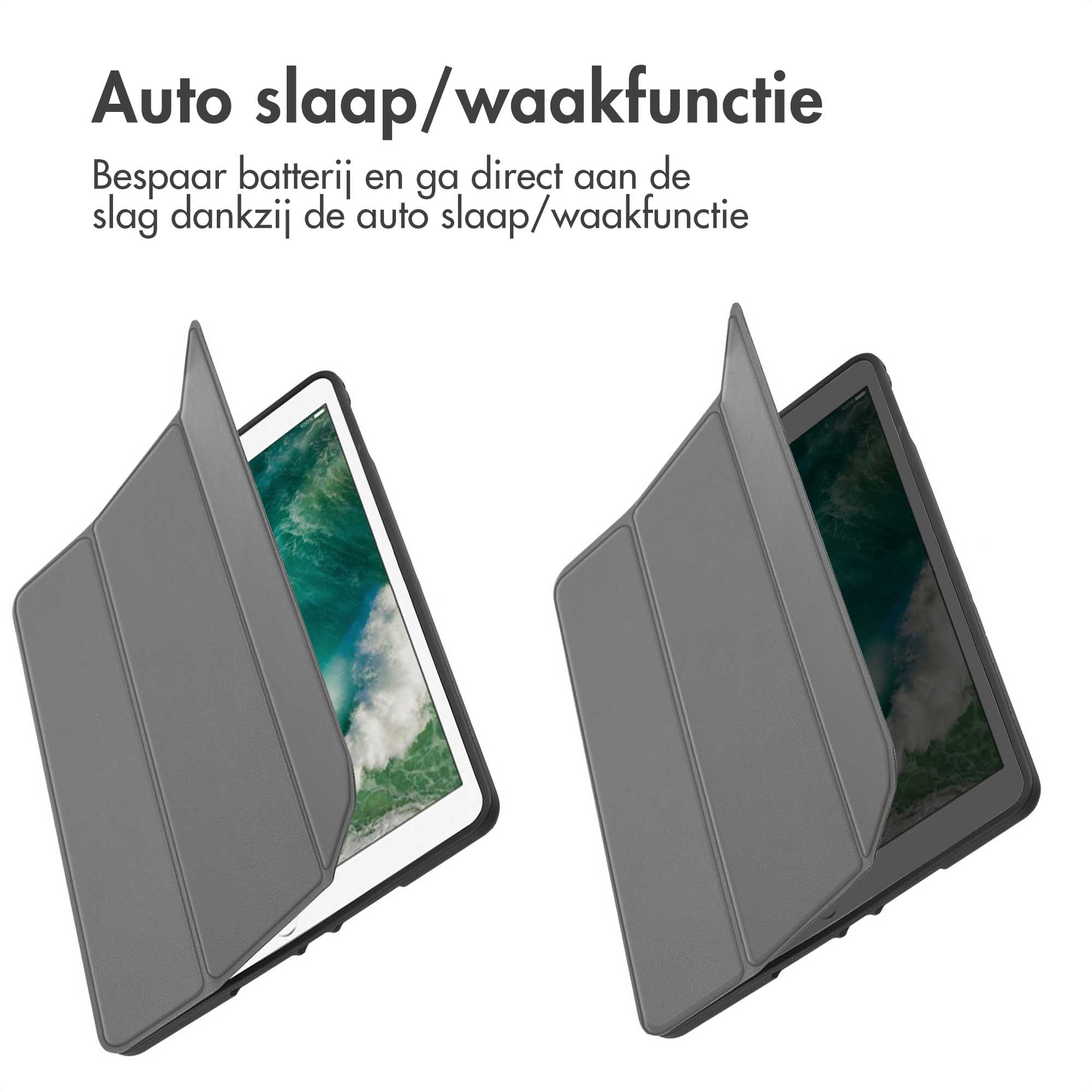 Custodia per tablet, aperta e chiusa. Testo: funzione auto sleep/wake per risparmiare batteria.