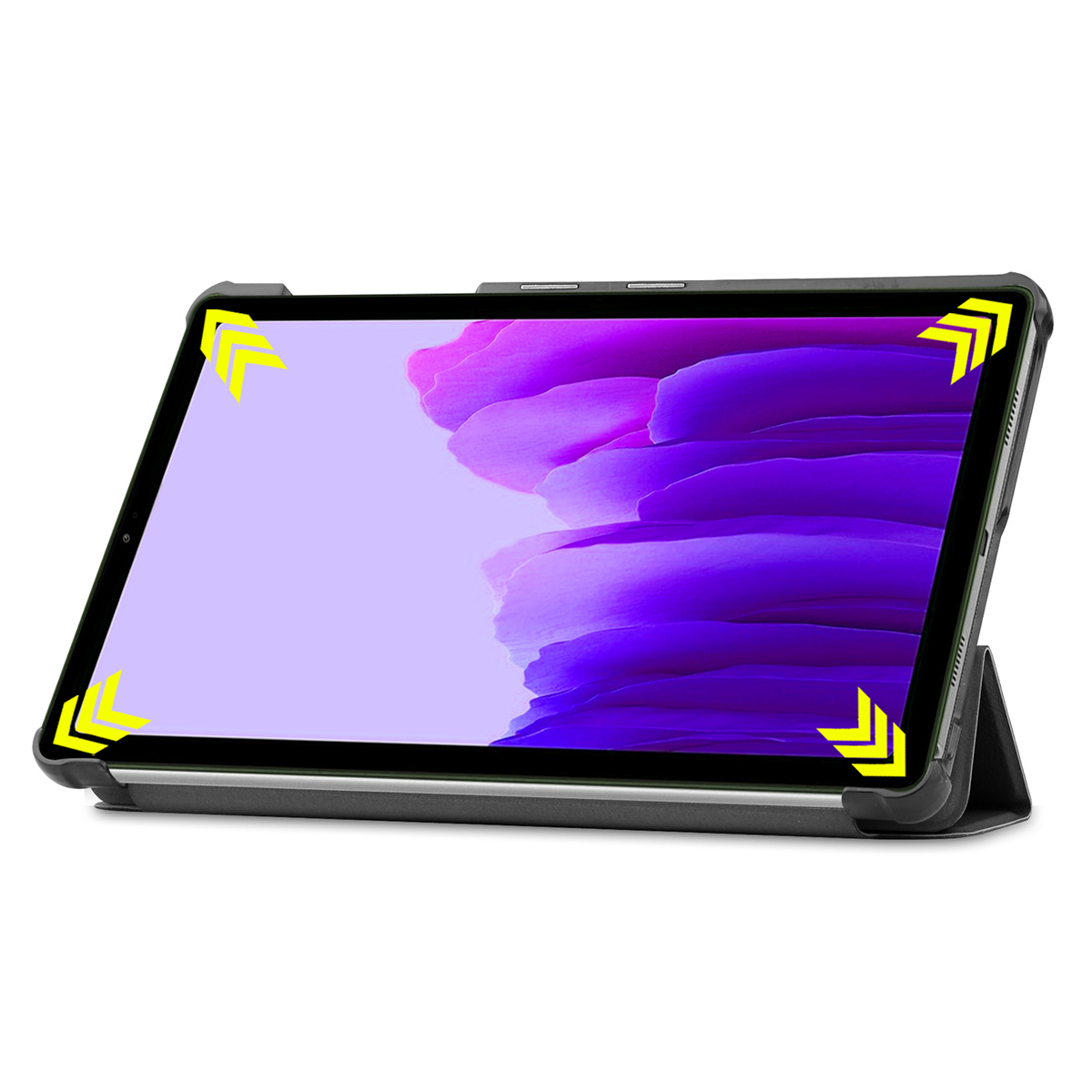 Tablette dans un étui noir avec support. Écran de la tablette affichant un fond violet. Flèches jaunes aux coins.