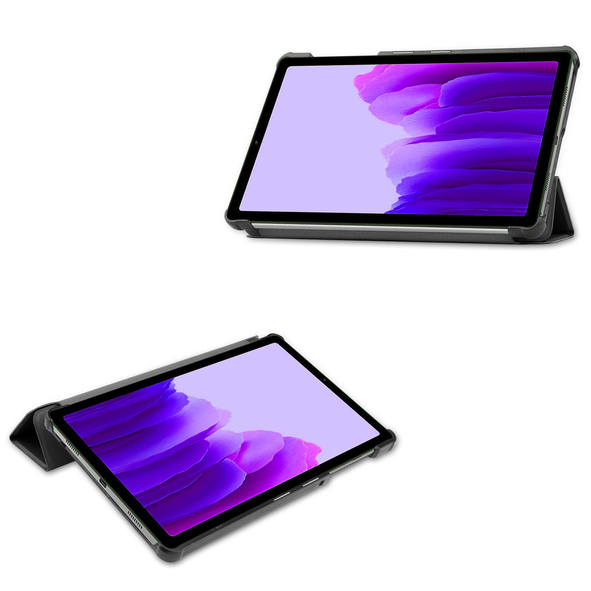 Deux tablettes dans des étuis. L'une est ouverte en angle et l'autre est fermée, côte à côte.