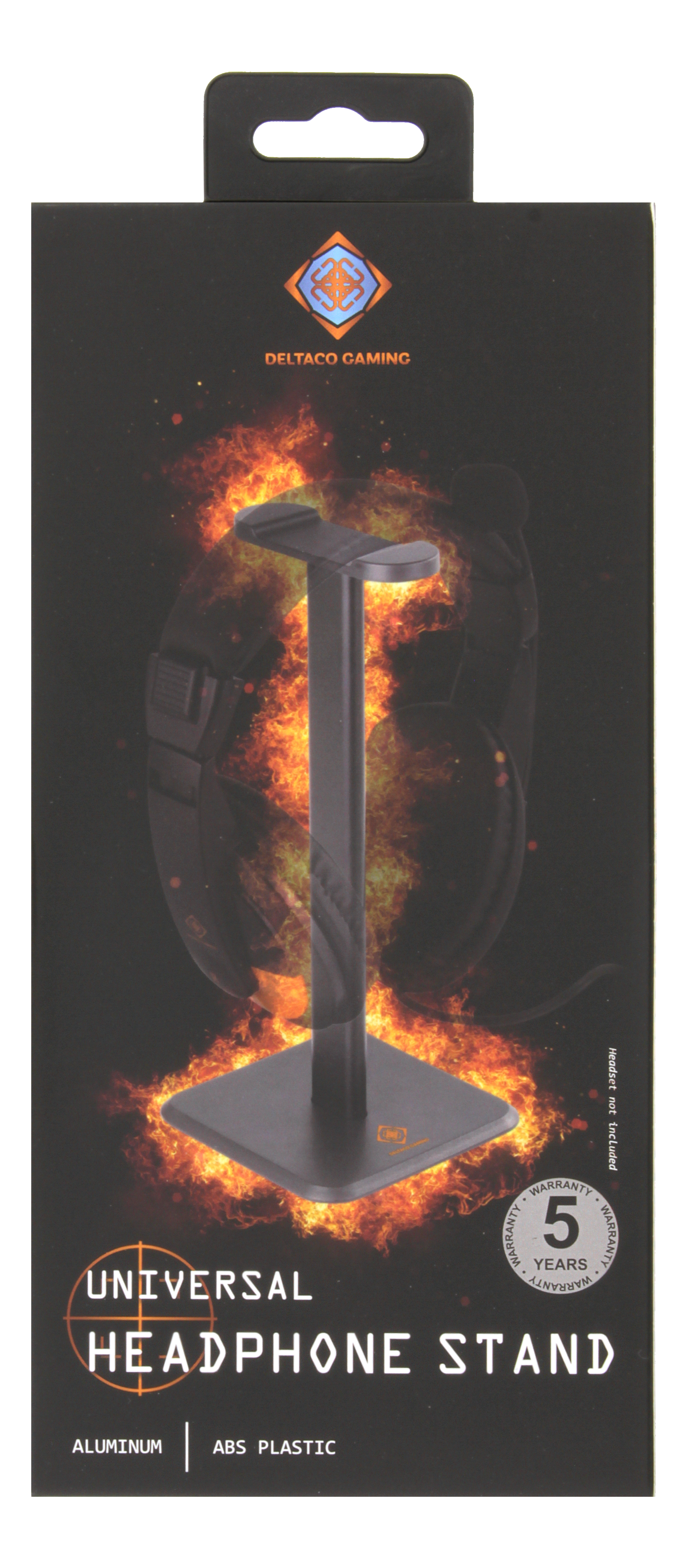 Kopfhörerständerbox mit Kopfhörerillustration. Flammen und Ständer auf der Box.
