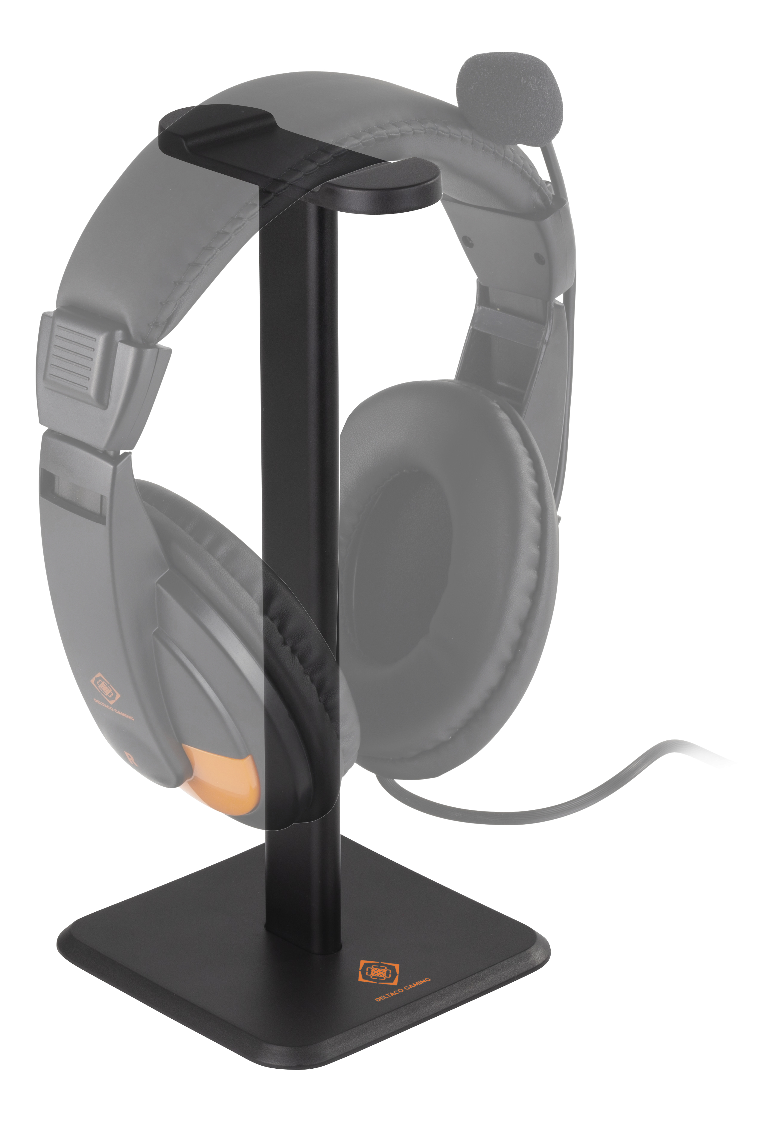 Schwarzer Kopfhörerständer mit Gaming-Headset im Hintergrund. Quadratische Basis.