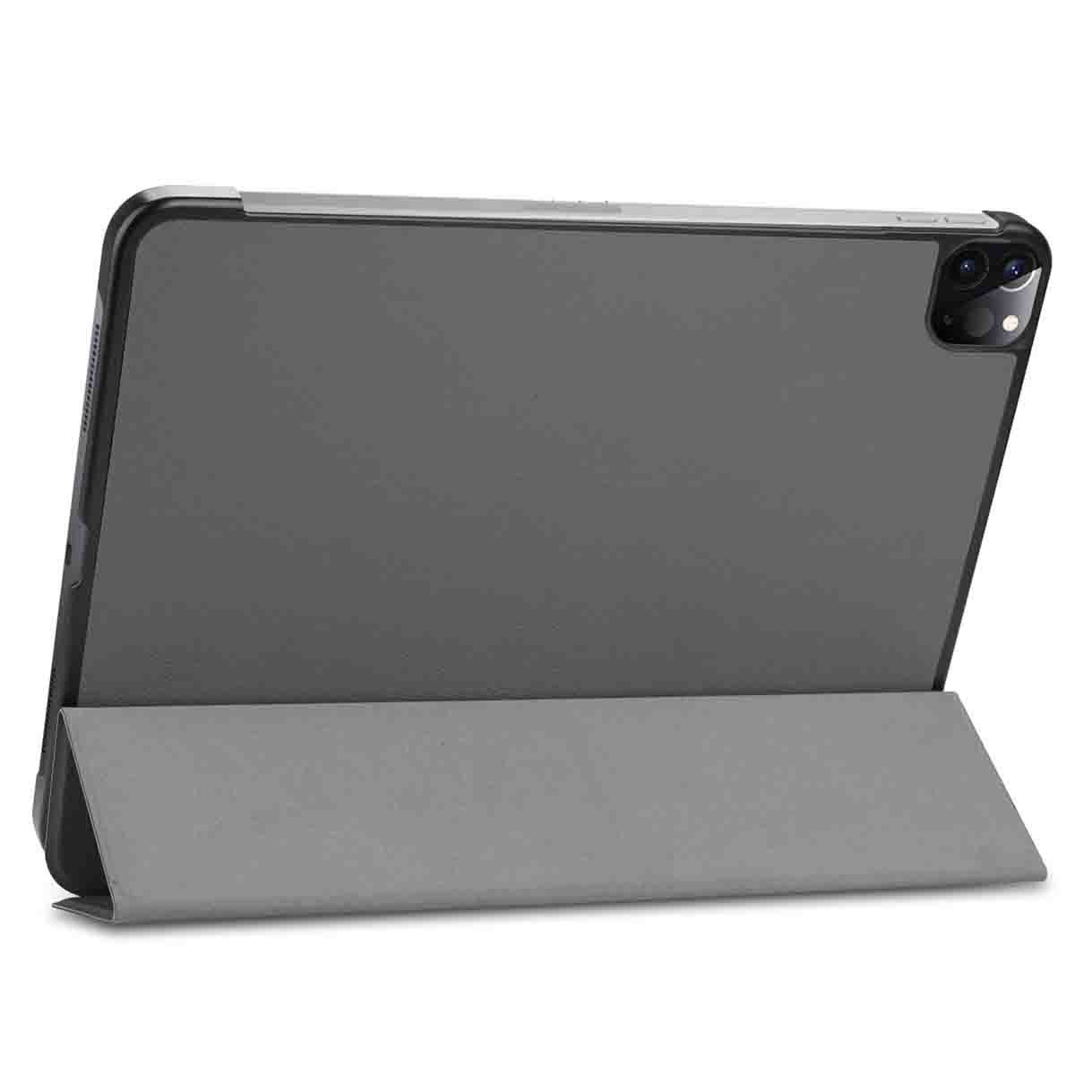 A gray tablet with a cover open, propped up, showing the back of the tablet. A camera is visible.