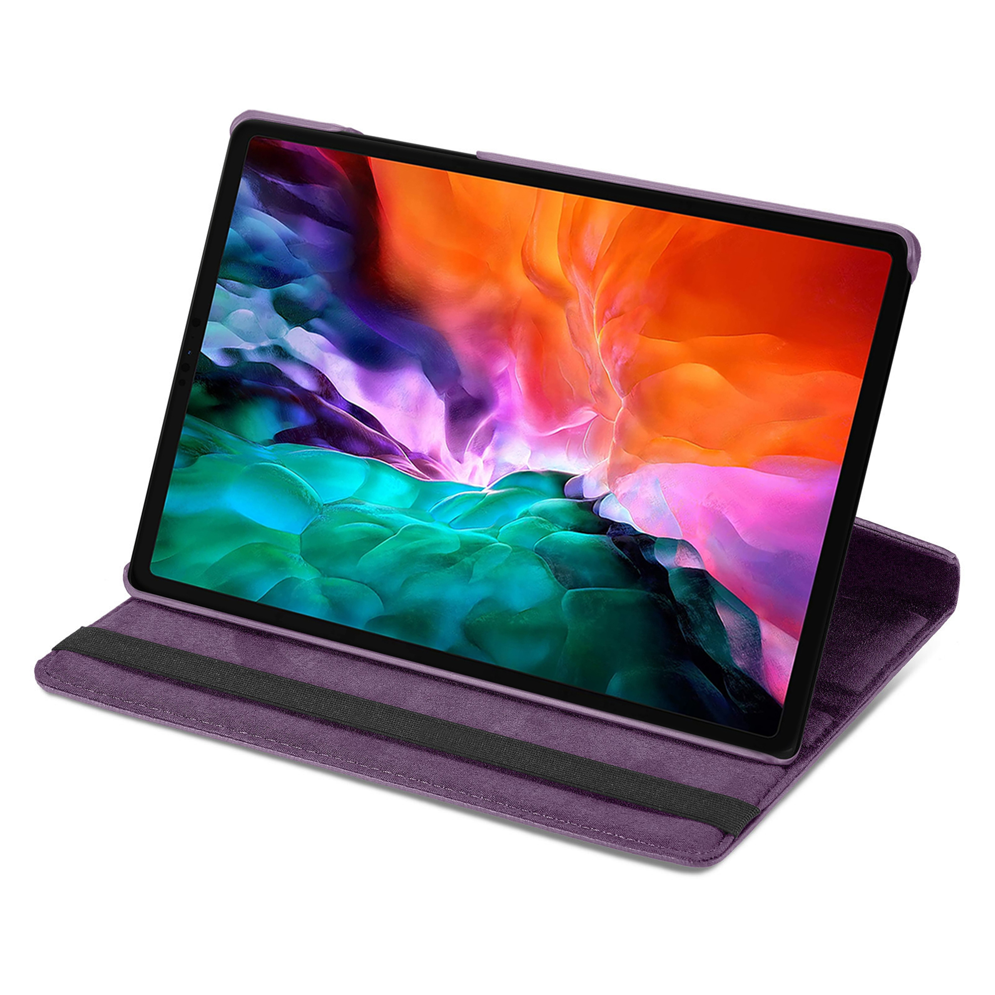 Tablet in paarse hoes, open, toont scherm met kleurrijke achtergrond. Hoes is teruggevouwen.