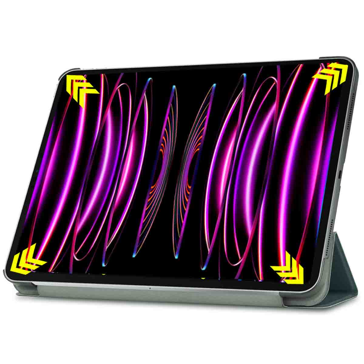 Tablet con schermo che mostra un design colorato su un supporto. Frecce sui bordi. Sfondo bianco.