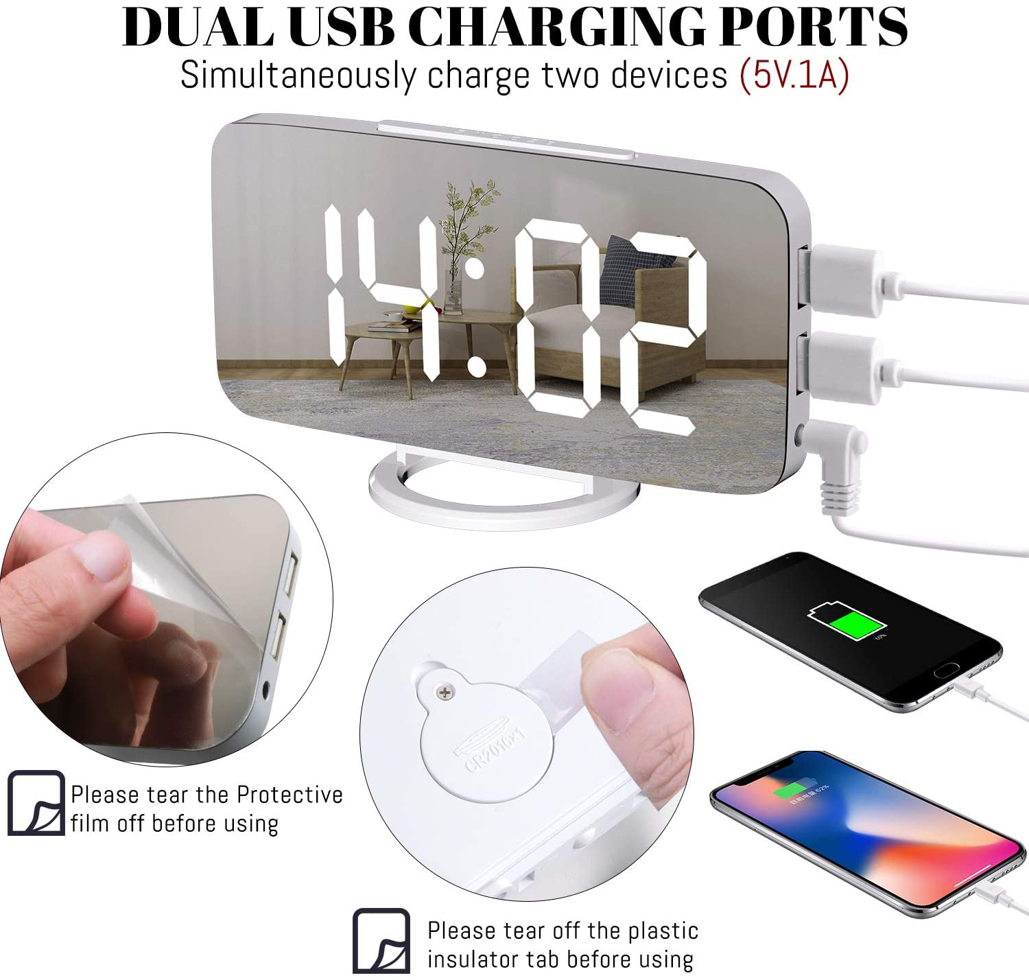 Digitaluhr mit zwei USB-Anschlüssen, die zwei Telefone aufladen. Anweisungen zum Entfernen der Schutzfolie und Lasche.
