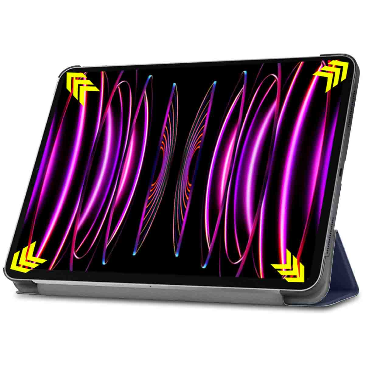 A tablet with a screen displaying a colorful pattern, in a dark blue protective case.