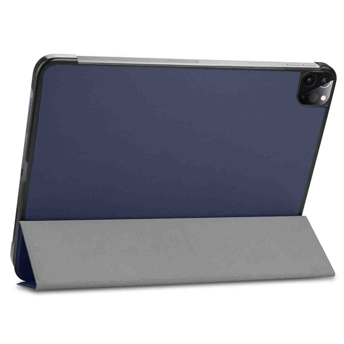 A tablet in a case, navy back and gray front. The case props the tablet up.
