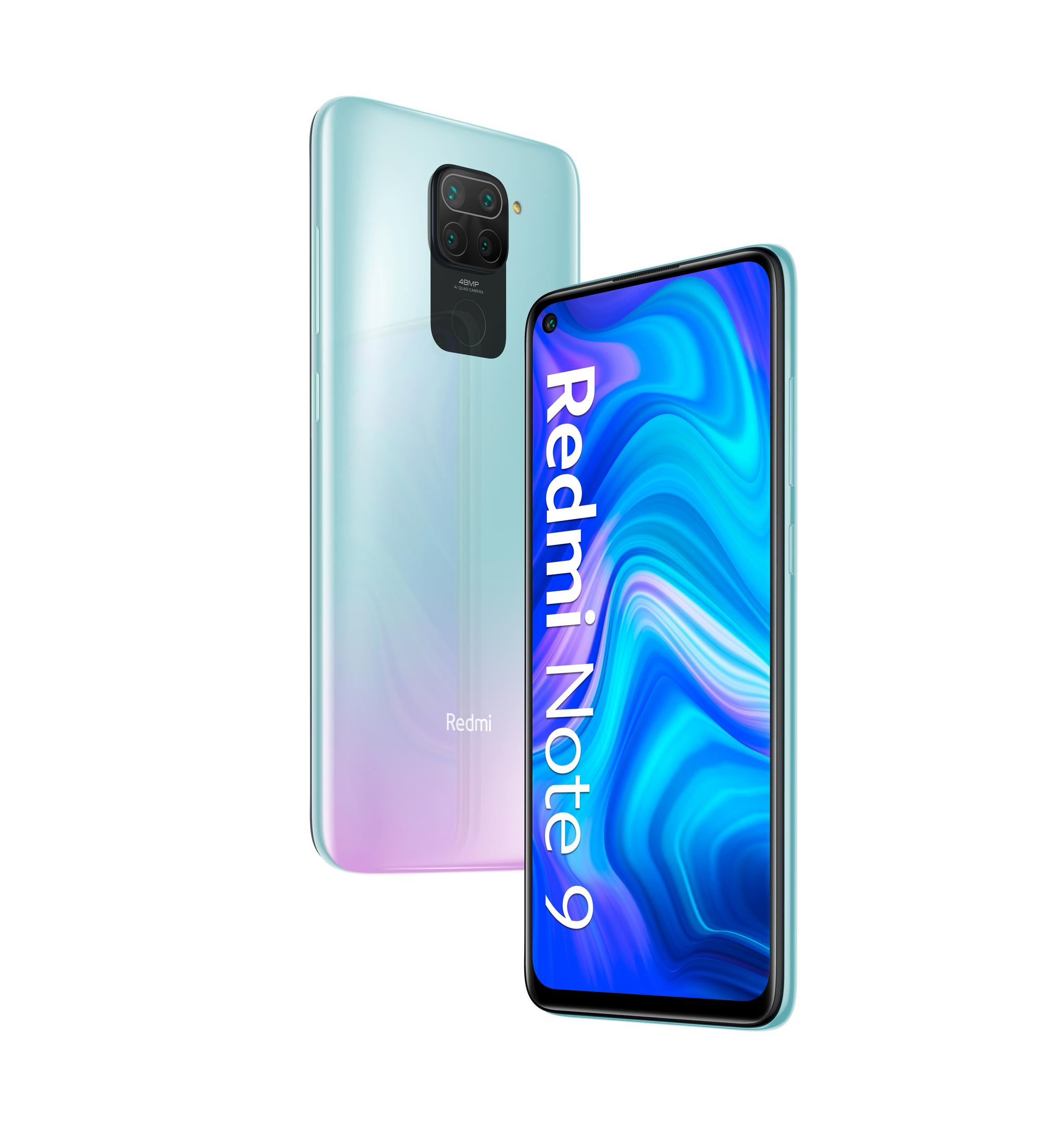 Telefon Redmi Note 9, niebiesko-fioletowy gradient z tyłu, z jednym telefonem pokazującym ekran.