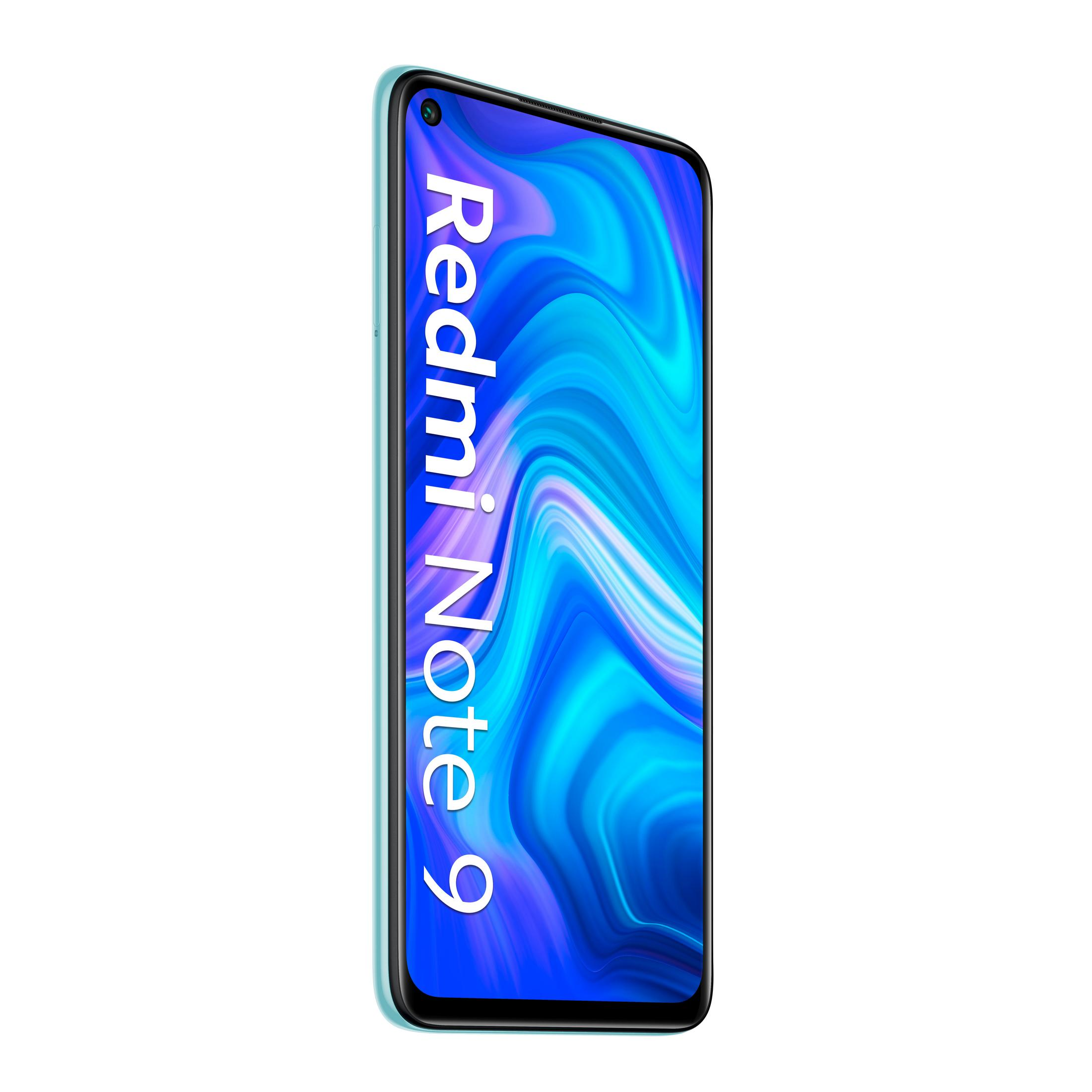 Turkusowy smartfon Redmi Note 9 z tekstem Redmi Note 9 pionowo na ekranie.