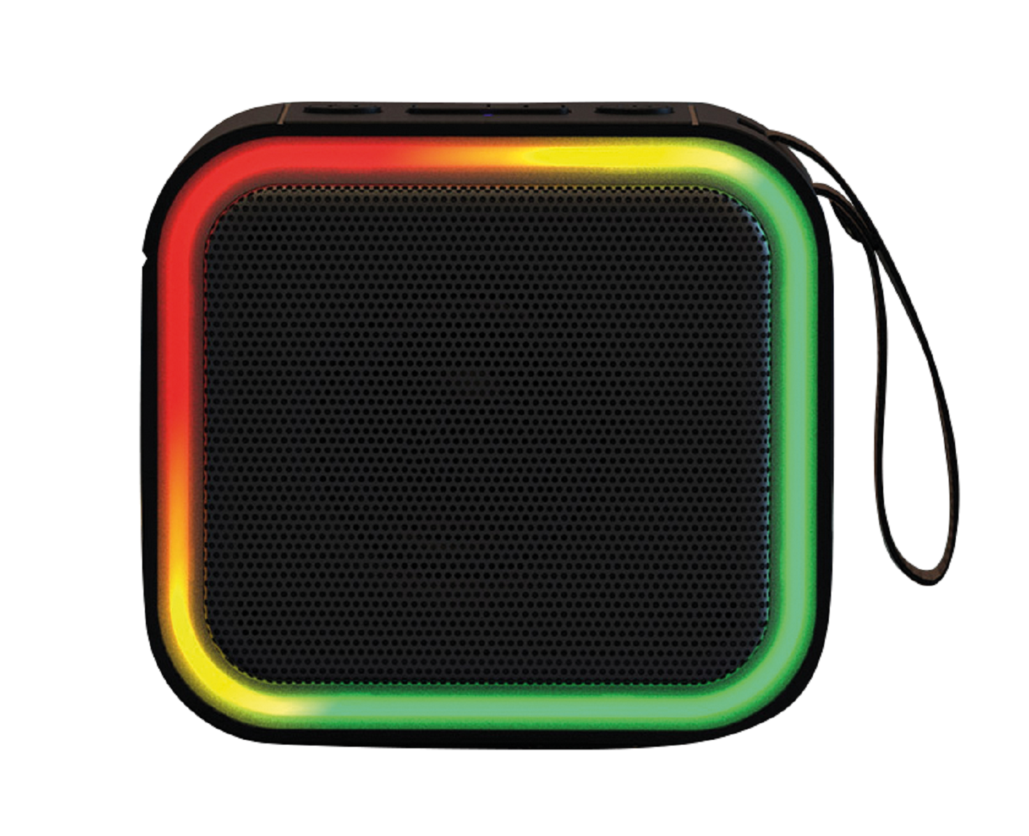 Schwarzer Lautsprecher mit buntem LED-Streifen an den Kanten, schwarzer Mesh-Front und Riemen.