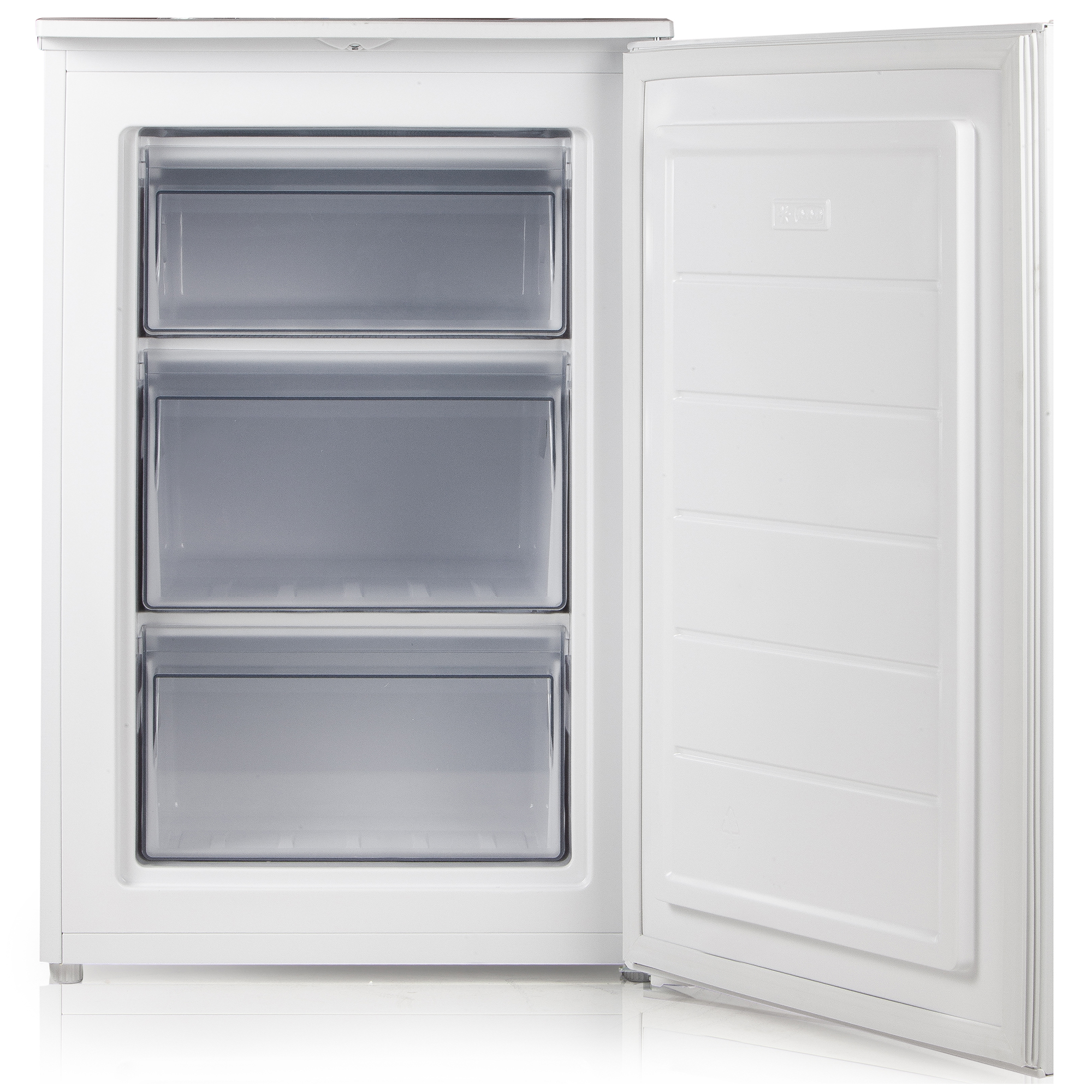 A white freezer with the door open. Three clear drawers are visible.