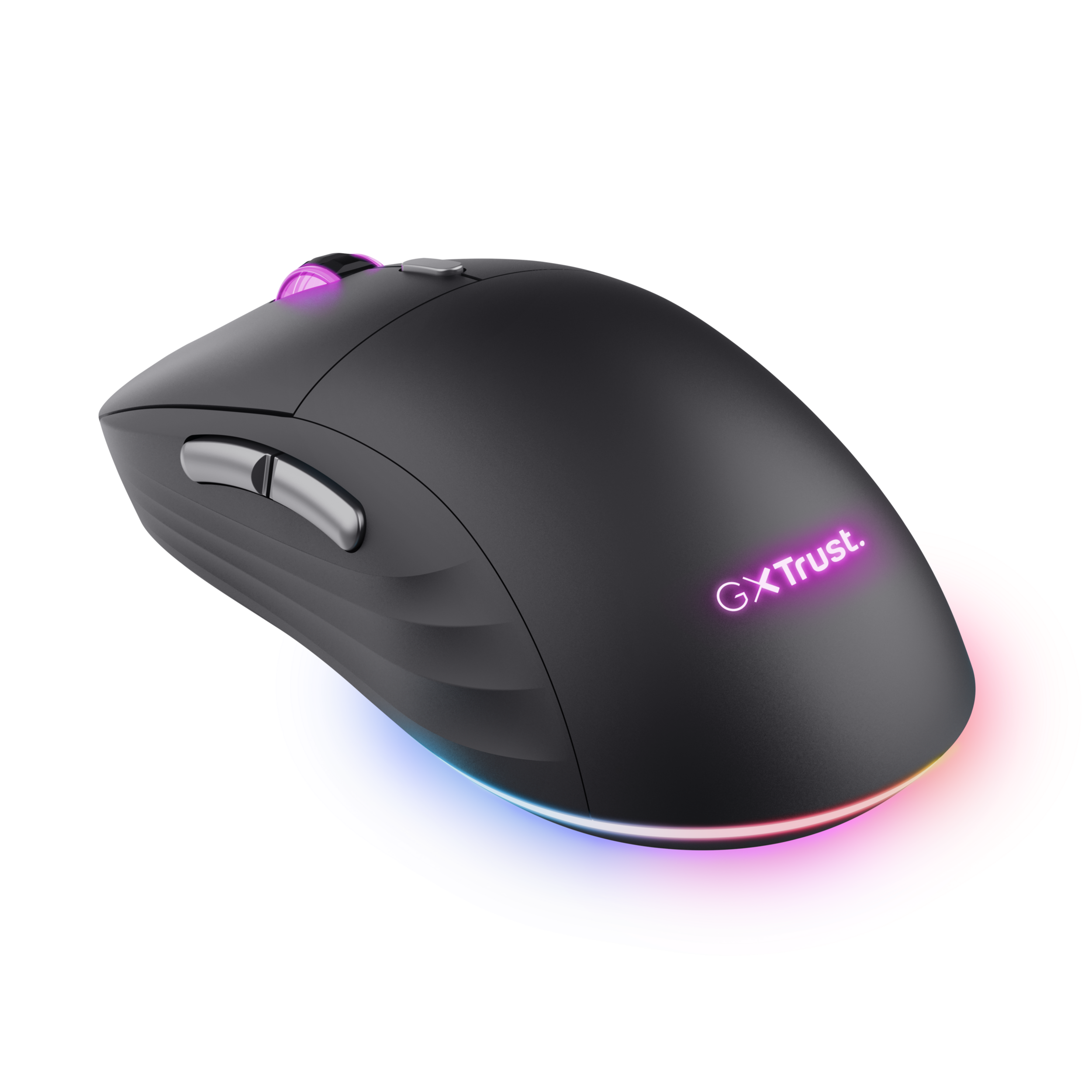 Czarna mysz do gier z oświetleniem RGB wokół podstawy i logo GX Trust.