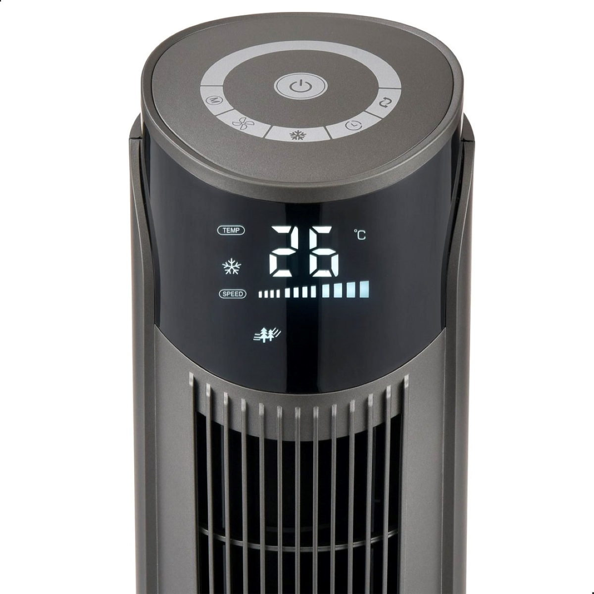 Dunkelgrauer Turmventilator mit Digitalanzeige, die Temperatur und Geschwindigkeit zeigt.
