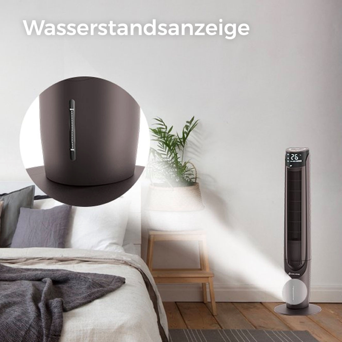 Hoher schwarzer Ventilator mit Anzeige.  Der Ventilator steht in einem Raum in der Nähe eines Bettes.