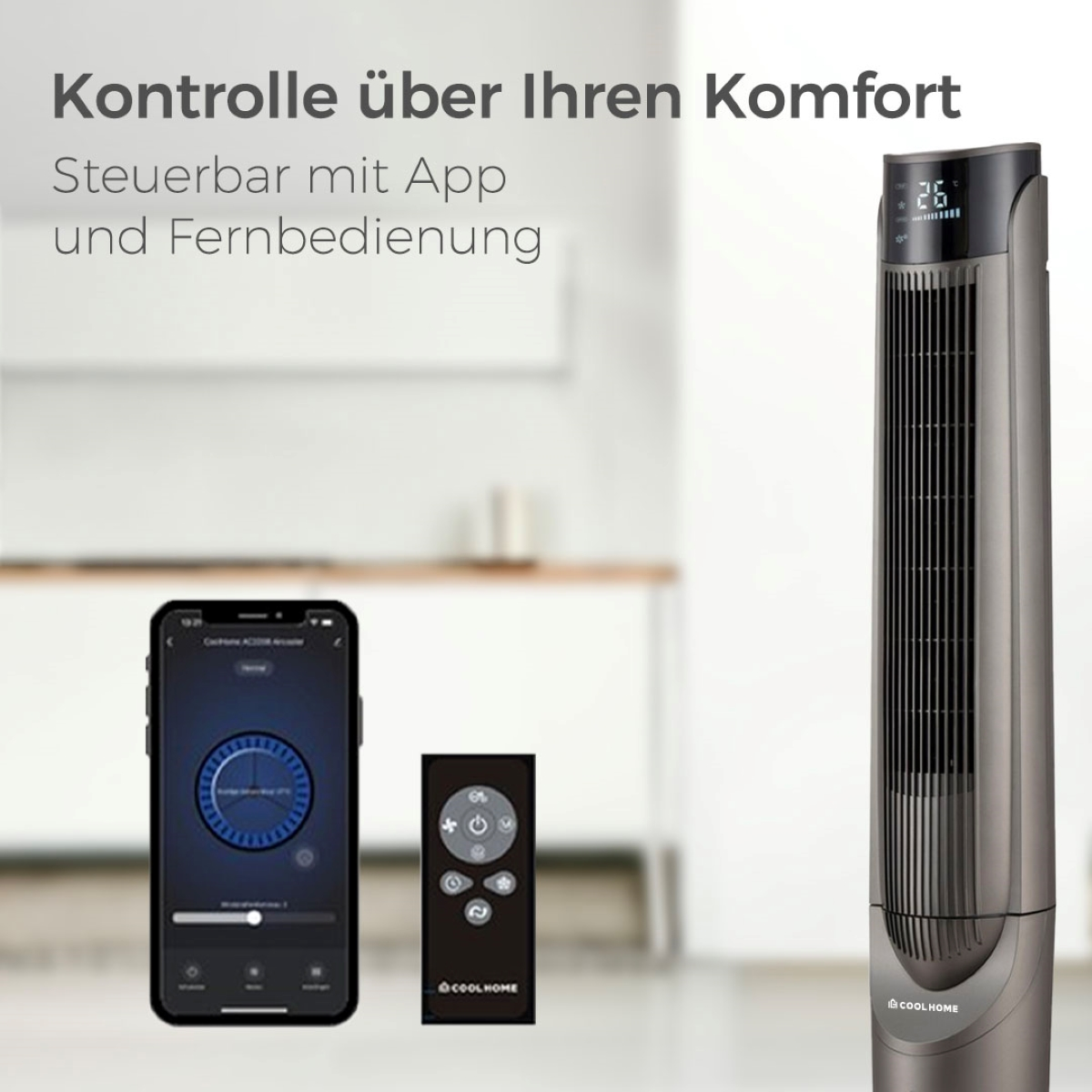 Ein Standventilator mit Fernbedienung und Smartphone, in einem Haus.