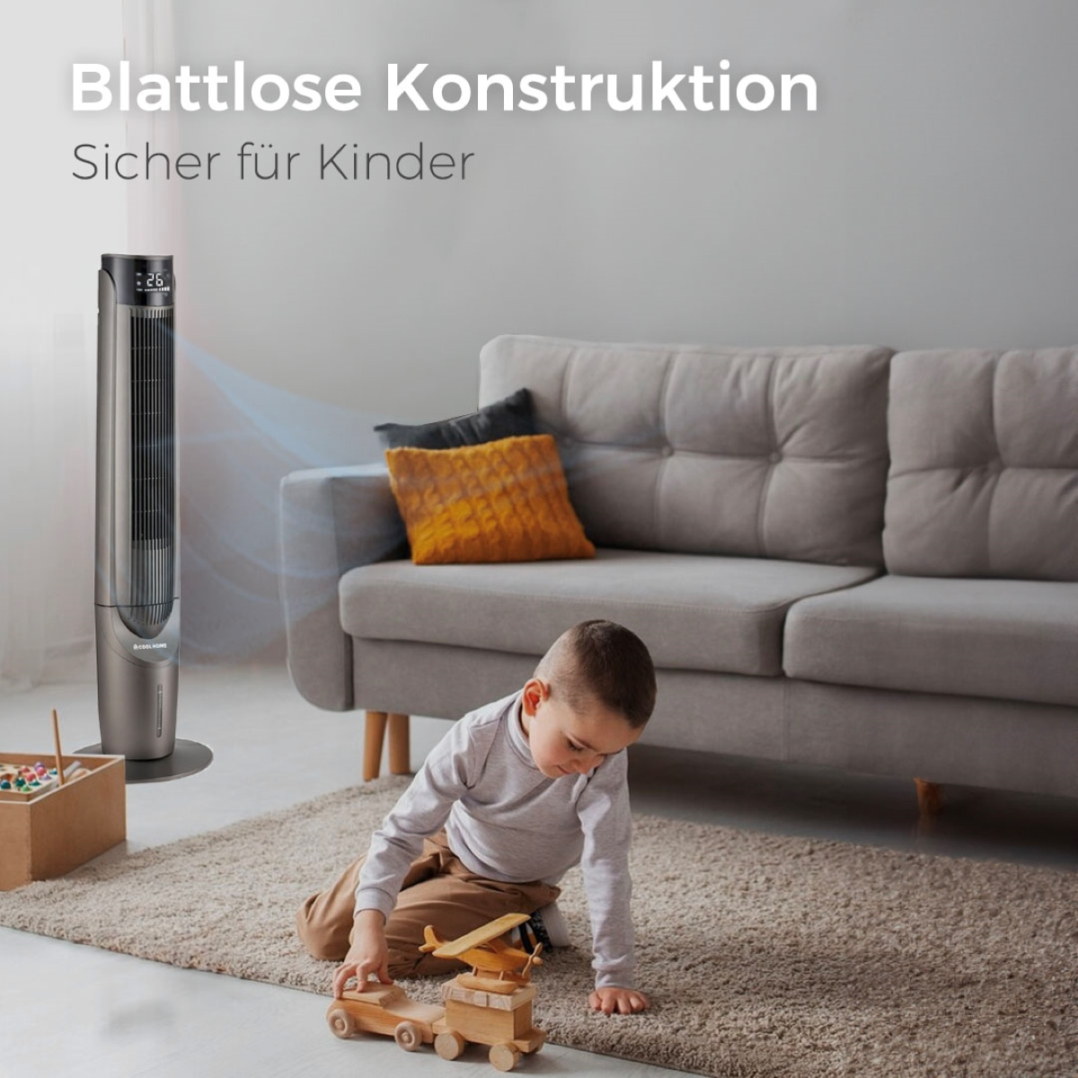 Ein Kind spielt in der Nähe eines blattlosen Ventilators. Text lautet 'Blattlose Konstruktion' und 'Sicher für Kinder'.