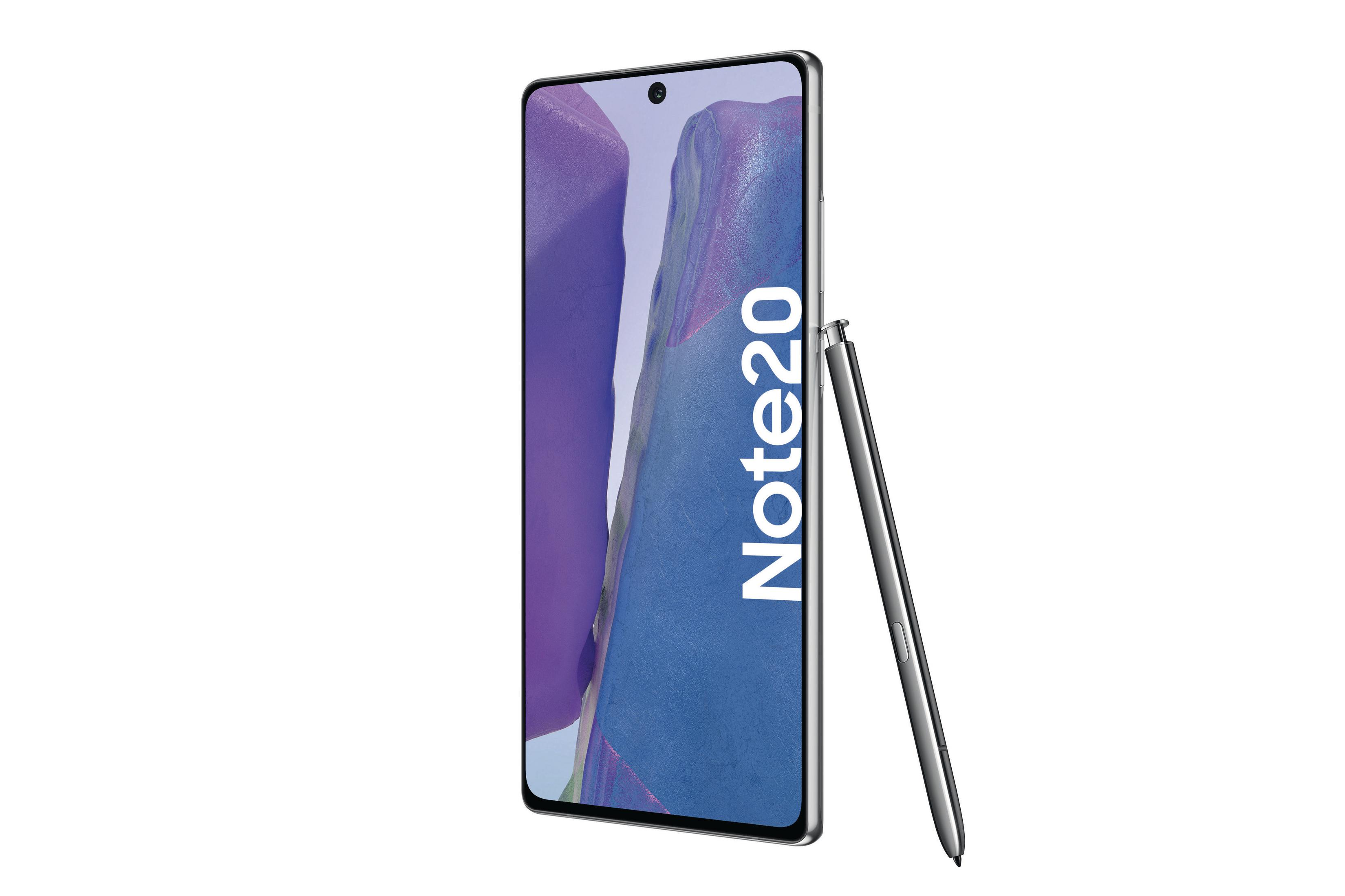 Smartfon z rysikiem opartym o niego, wyświetlający 'Note20'.