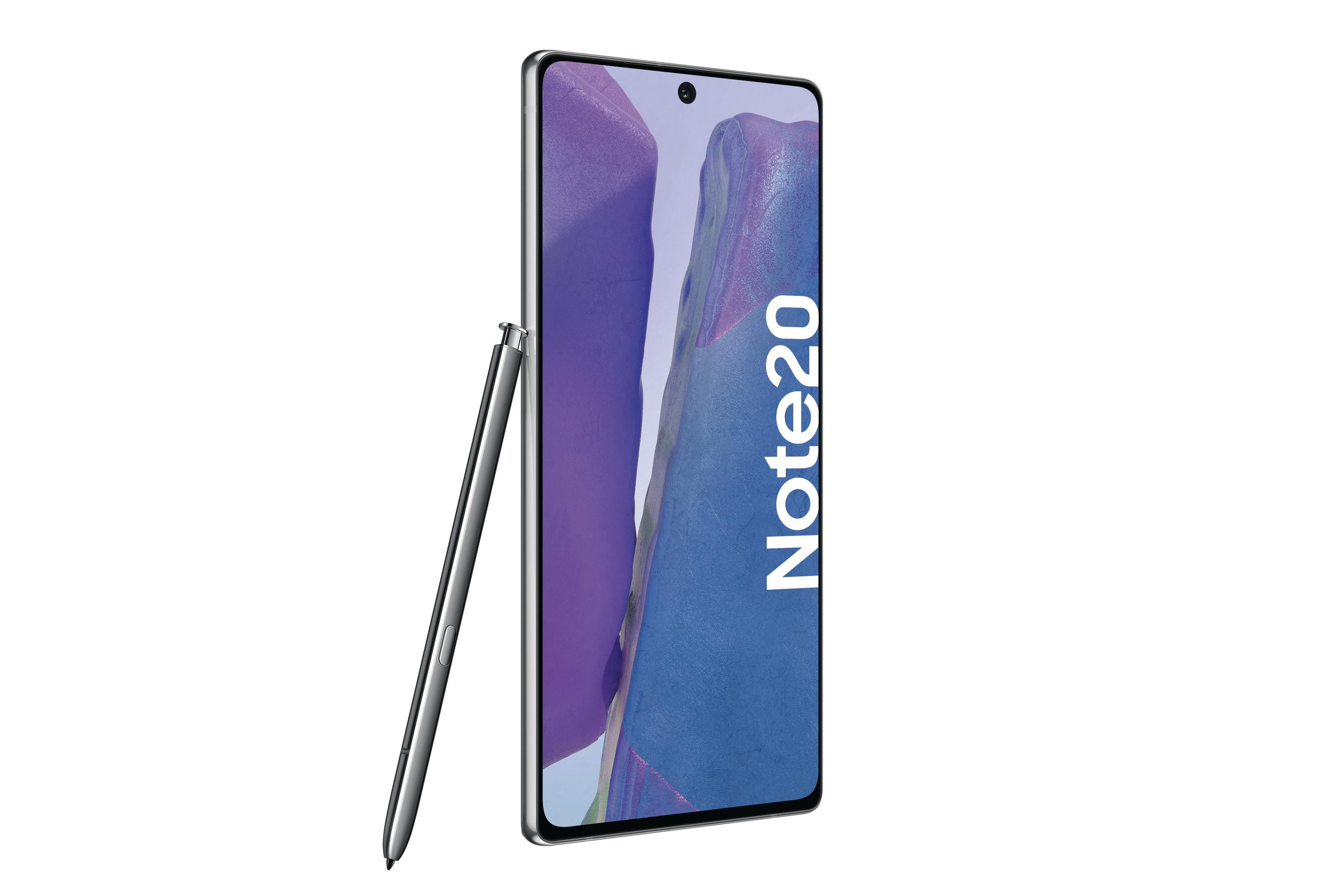 Samsung Galaxy Note20 na białym tle. Telefon i rysik z tekstem.