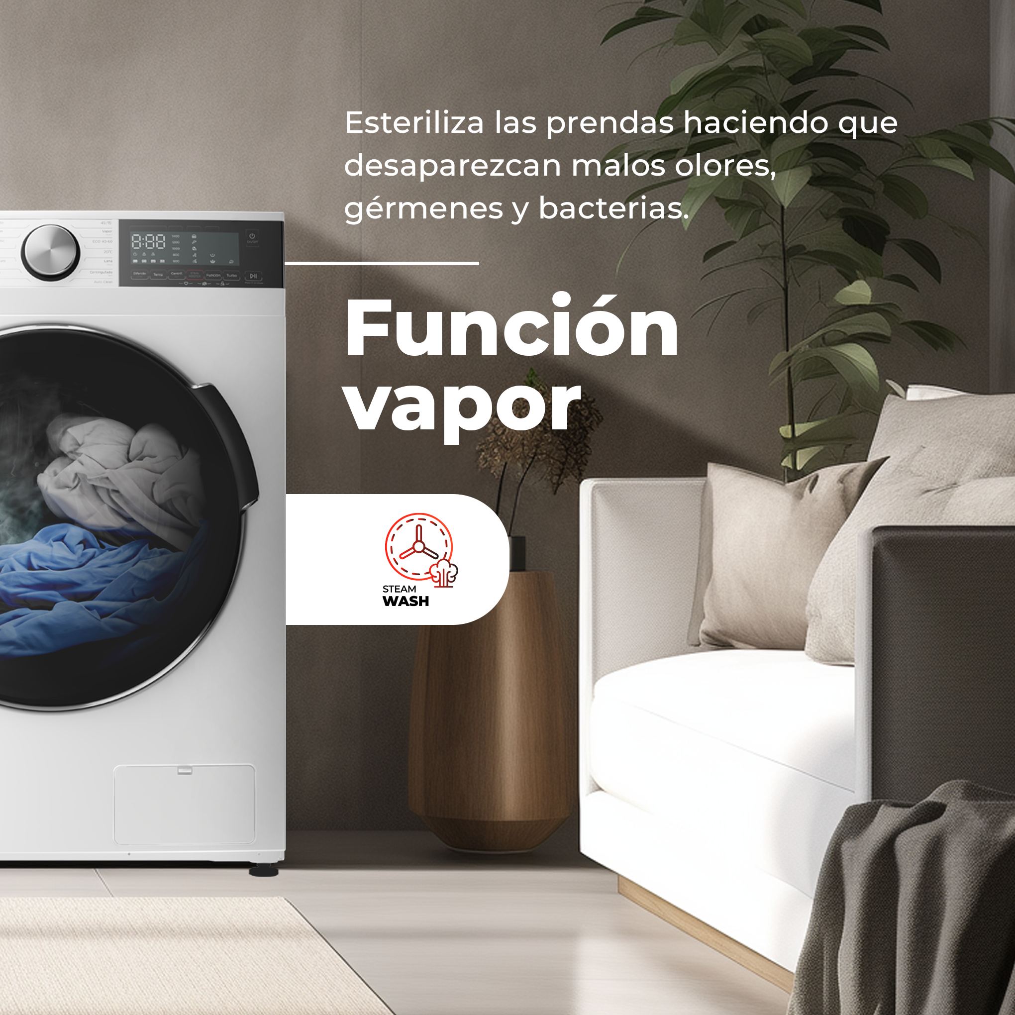 Una lavadora con pantalla. Texto: "Lavado a vapor".