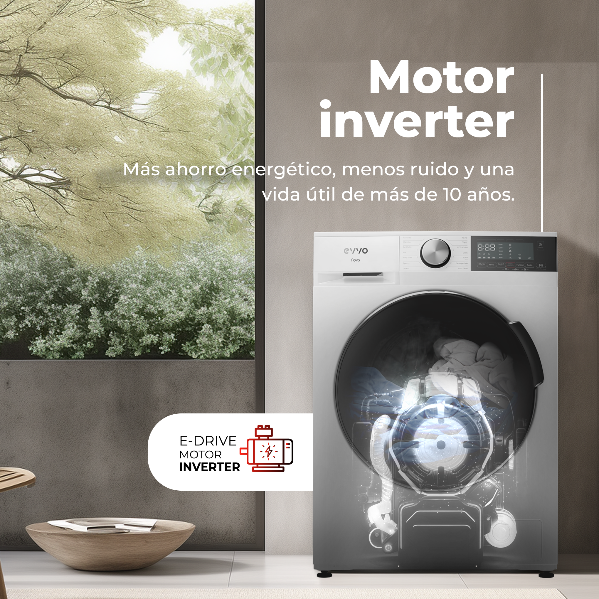 Una lavadora blanca con el interior parcialmente visible, y texto que dice 'Motor inversor'.