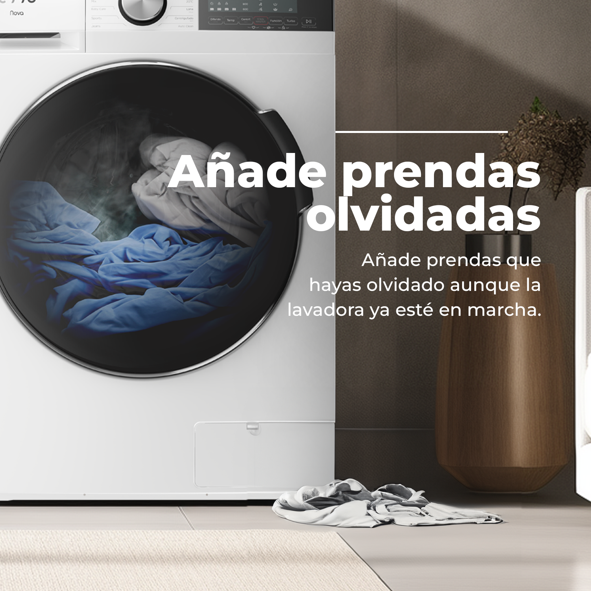 Lavadora con ropa dentro, con texto en español sobre cómo agregar ropa olvidada.