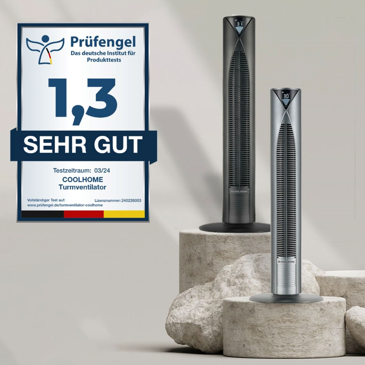 Zwei Turmventilatoren, einer silberfarben, einer schwarz, vor einer Produktbewertung.
