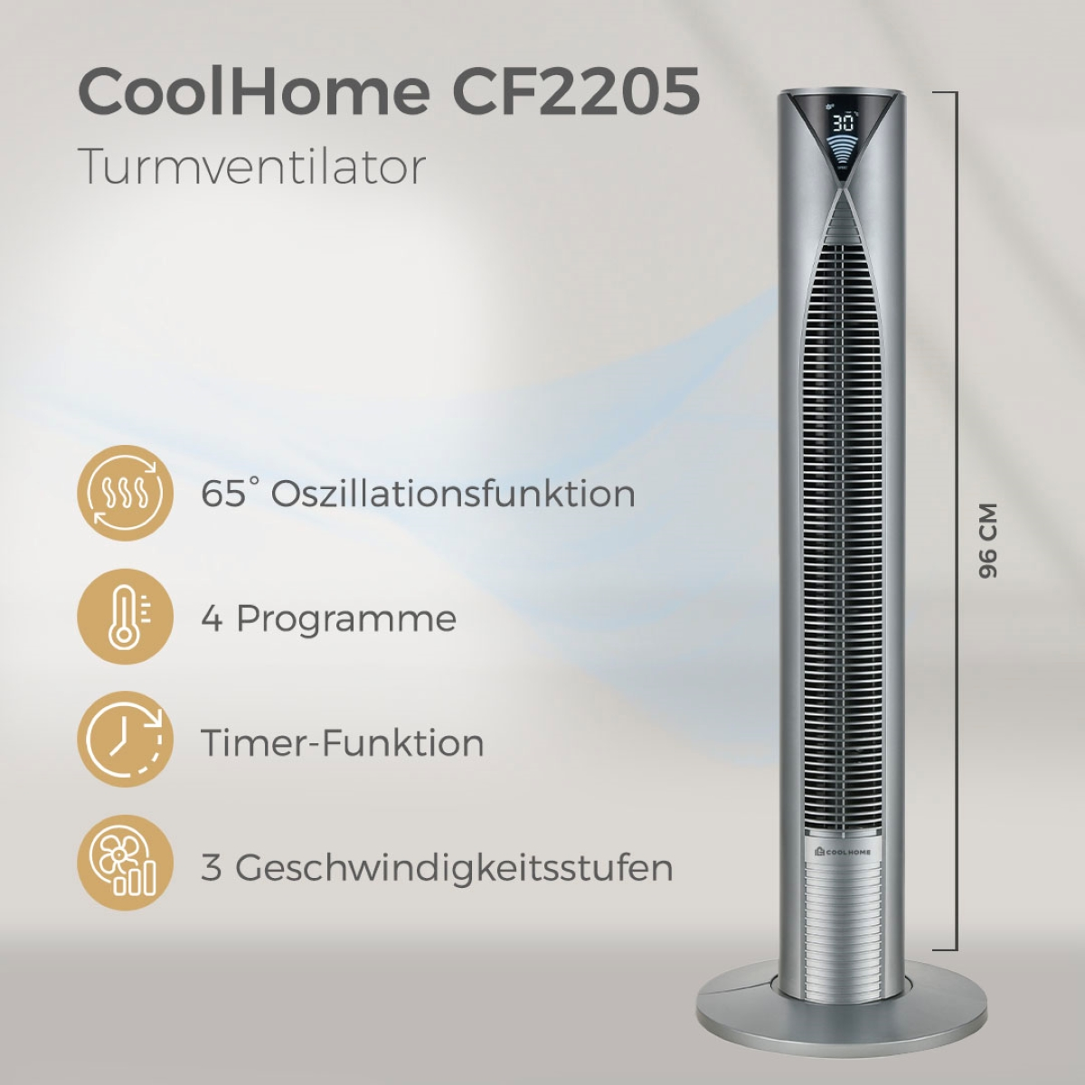 Ein silberner Turmventilator mit Funktionsdetails. Text enthält 65° Oszillation, 4 Programme, Timer und 3 Geschwindigkeiten.