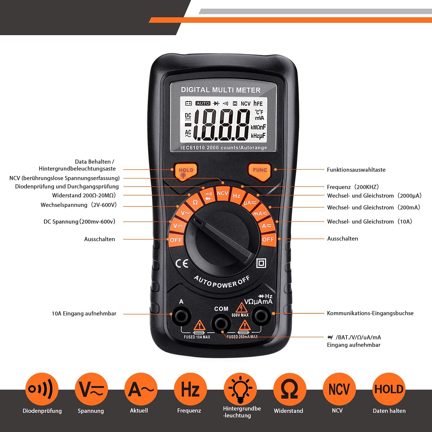Digitales Multimeter mit verschiedenen angezeigten und beschrifteten Einstellungen.