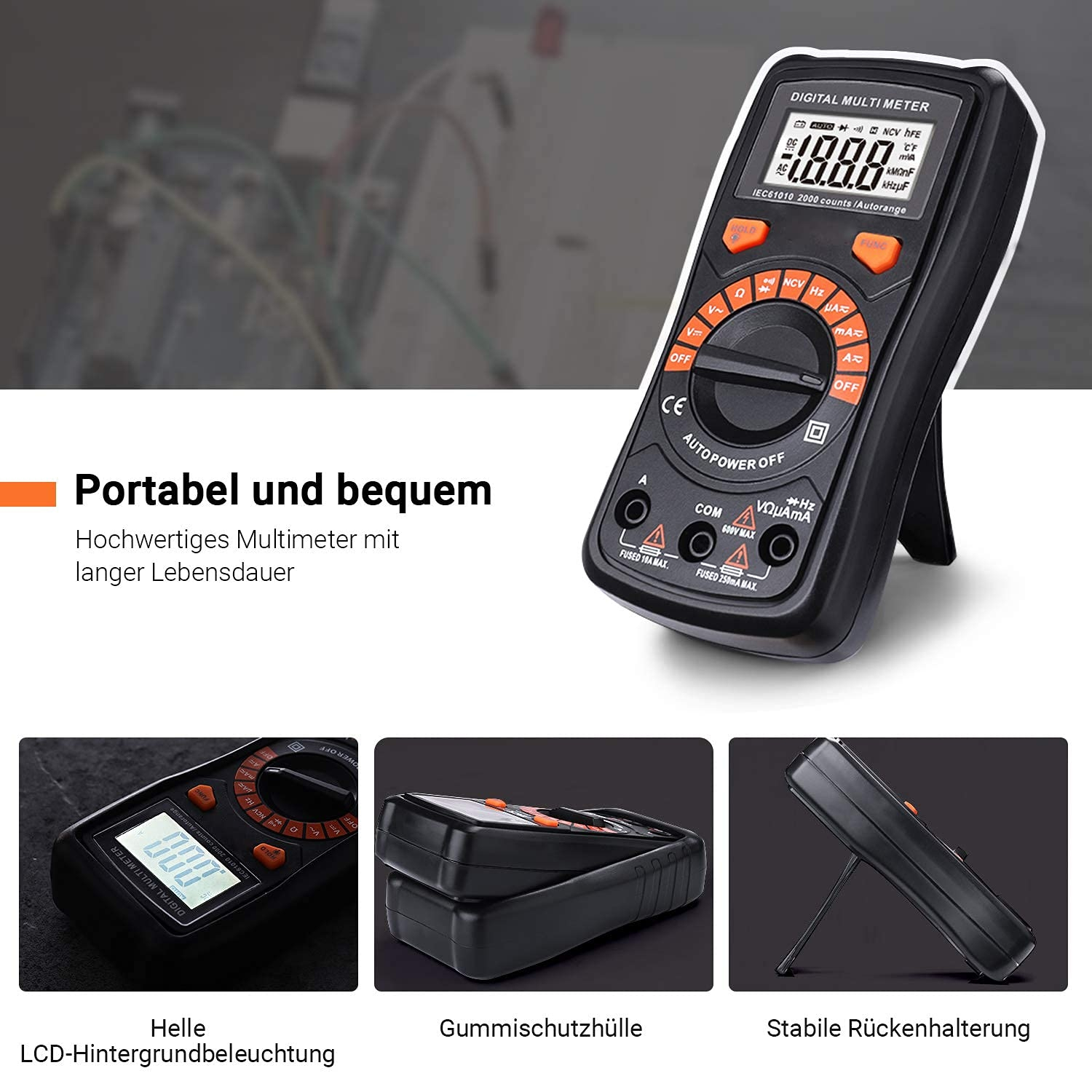 Digitales Multimeter mit orangefarbenen Tasten und schwarzem Gehäuse. Zusätzliche Bilder zeigen Details.