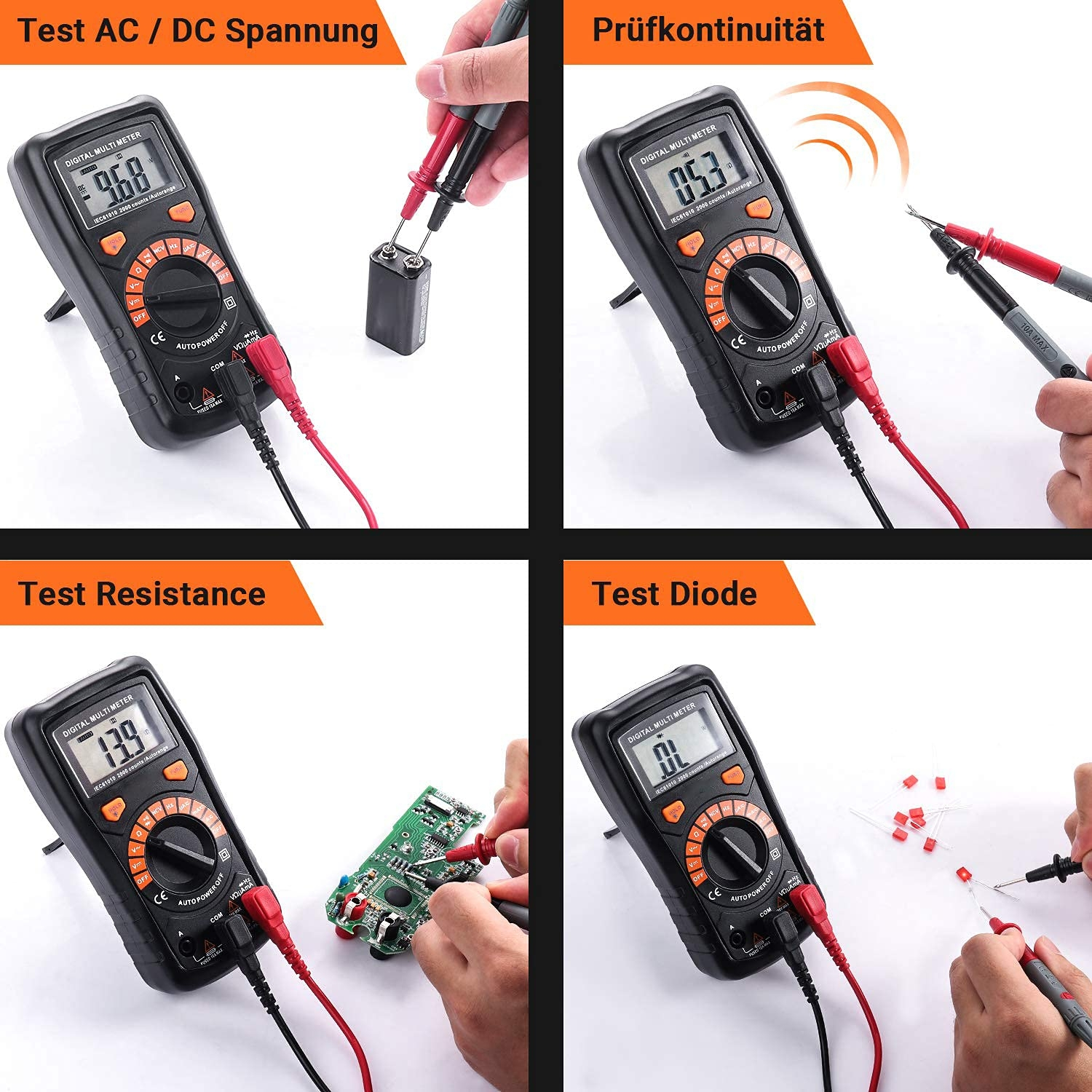Multimeter, das AC/DC, Durchgang, Widerstand und Diode testet. Mehrere Aufbauten auf einem Tisch.