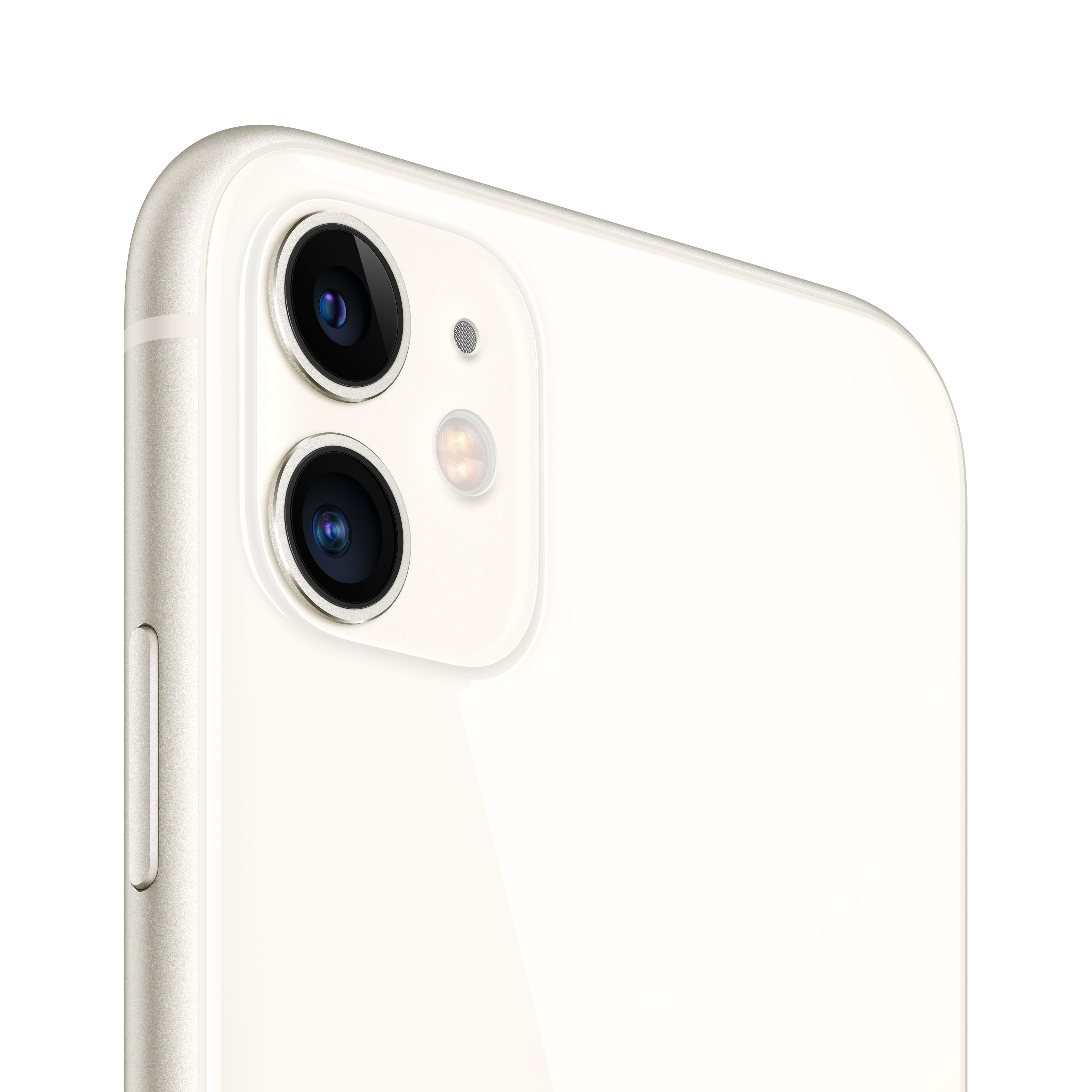 Primo piano di un telefono bianco con due fotocamere. Il telefono è su uno sfondo bianco.