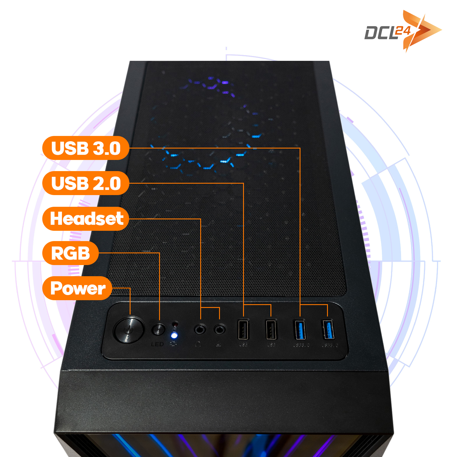 Schwarze PC-Gehäusefront mit USB-Anschlüssen, Power-Taste und Beschriftungen.