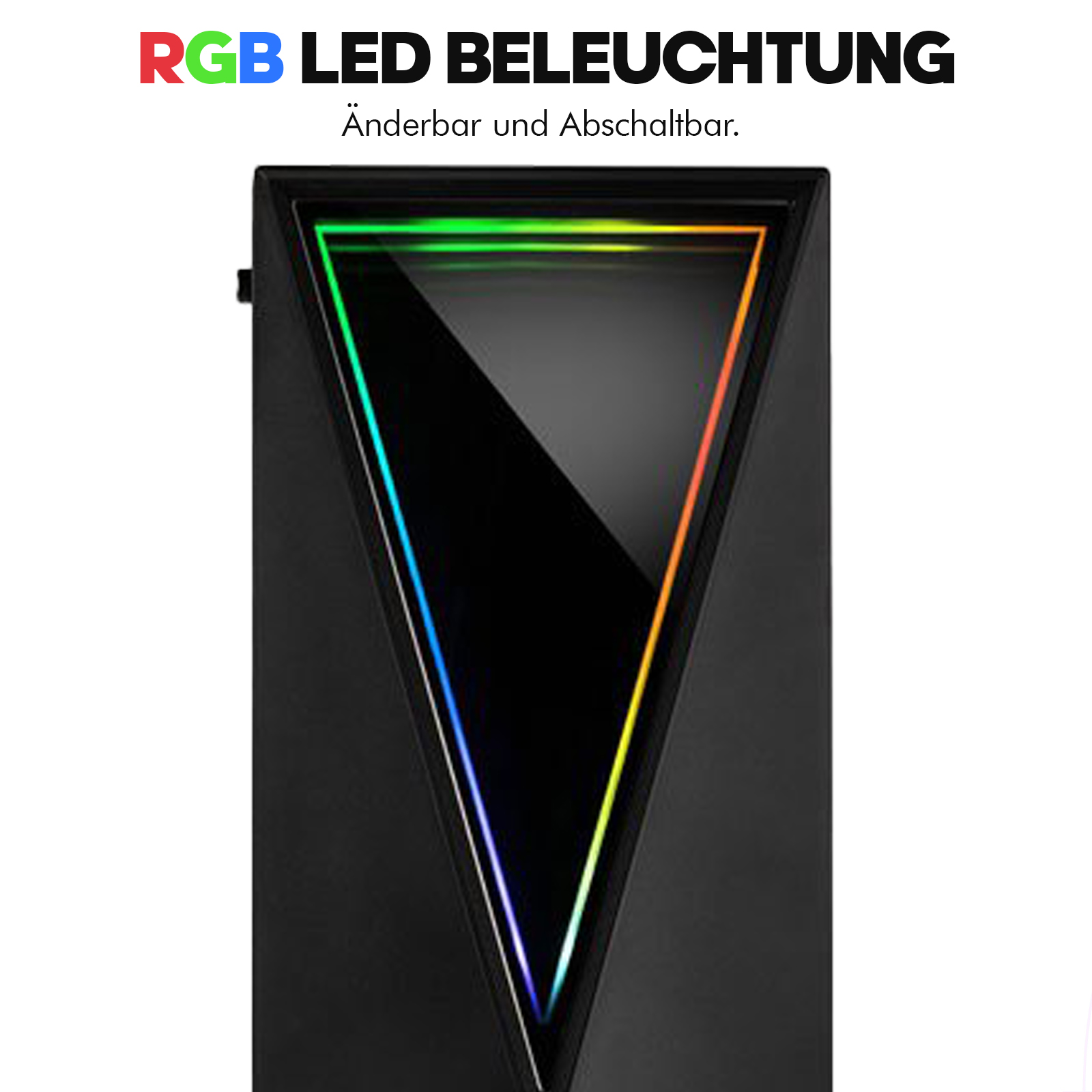 Schwarzes Computergehäuse mit RGB-LED-Beleuchtung in V-Form, Farbwechsel und schwarzem Innenraum.