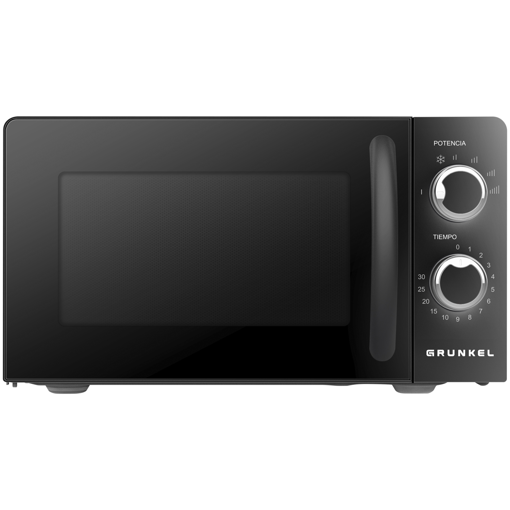 Un horno microondas negro con asa y panel de control en el lado derecho.